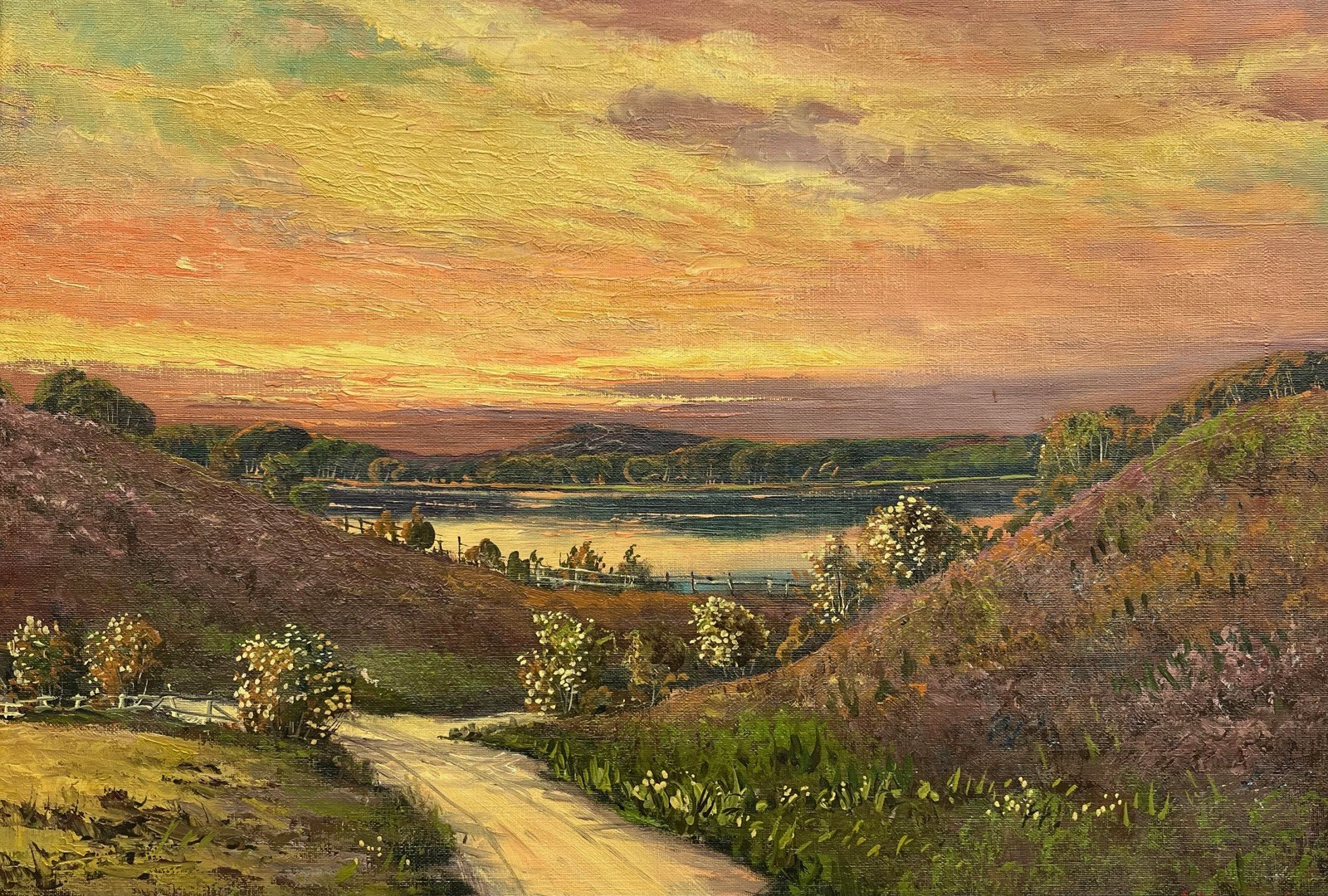 Impressionist Evening Summer Landscape With Lake Oil Painting, Antique, Framed