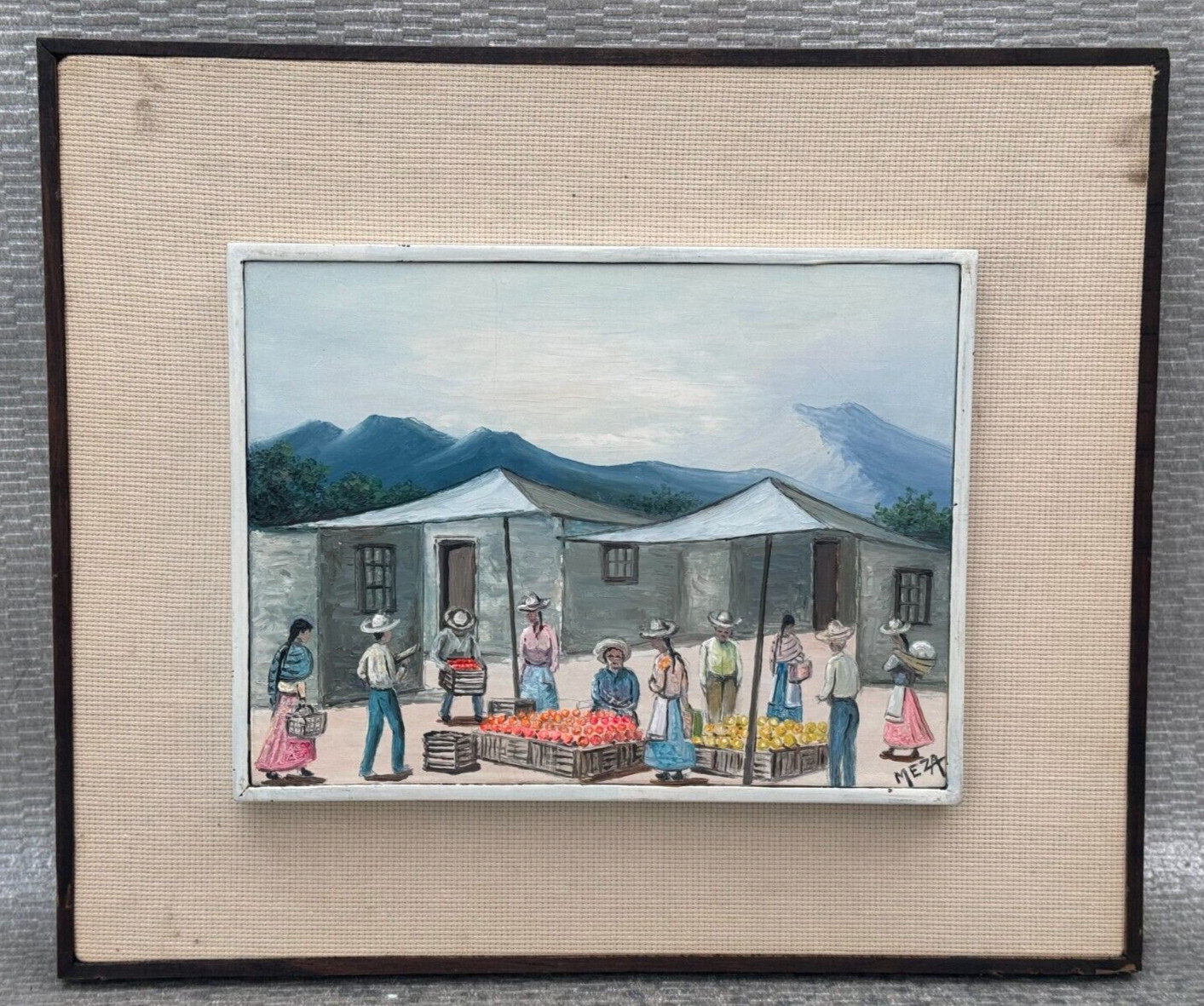MEZA SIGNED OIL PAINTING SPANISH MARKET STREET VENDORS SOUTH AMERICAN ANDES ART