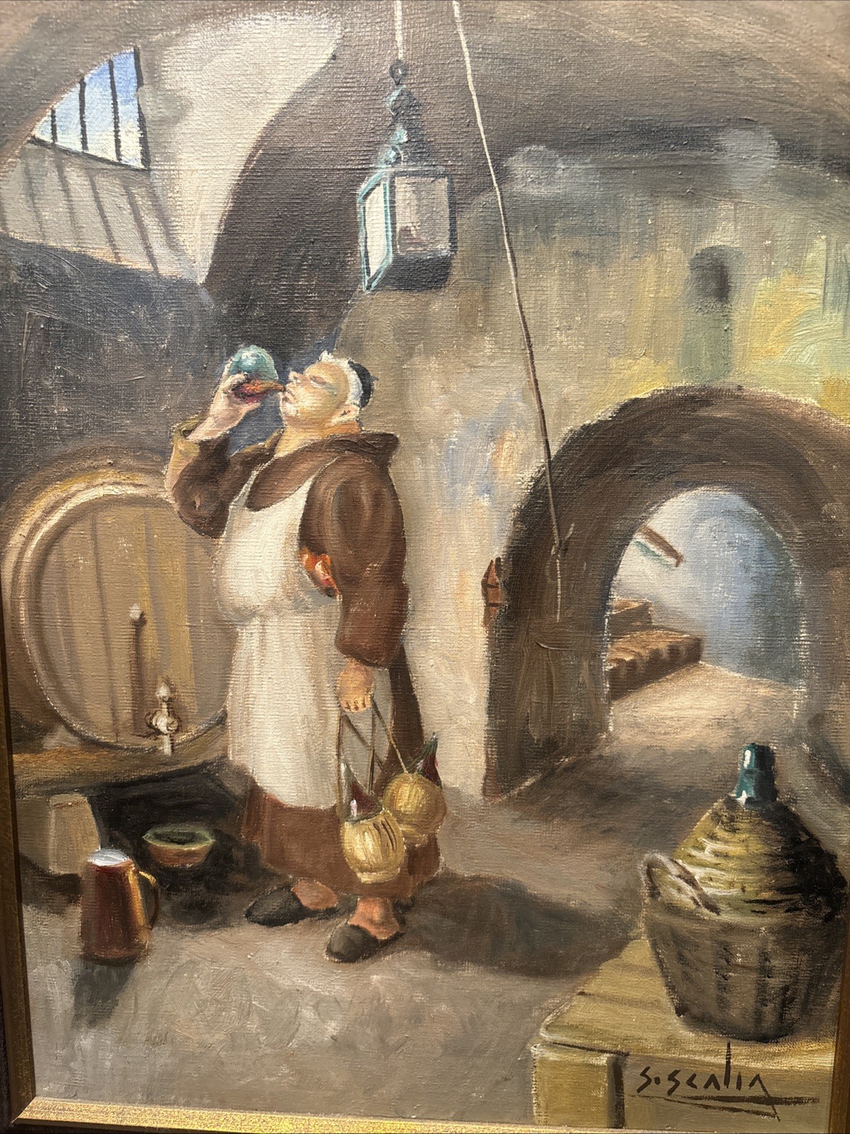 Vintage Original Signed Oil Painting on Canvas Monk in a Wine Cellar 16X20