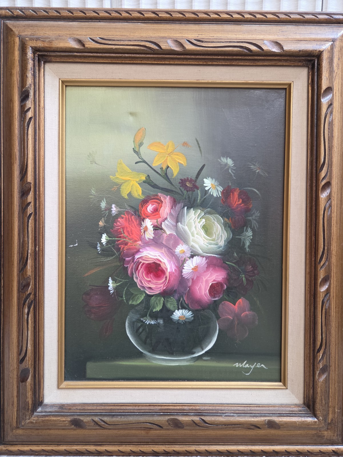 Vintage Signed Mayer Oil Painting Floral Bouquet Ornate Wood Frame 16×12