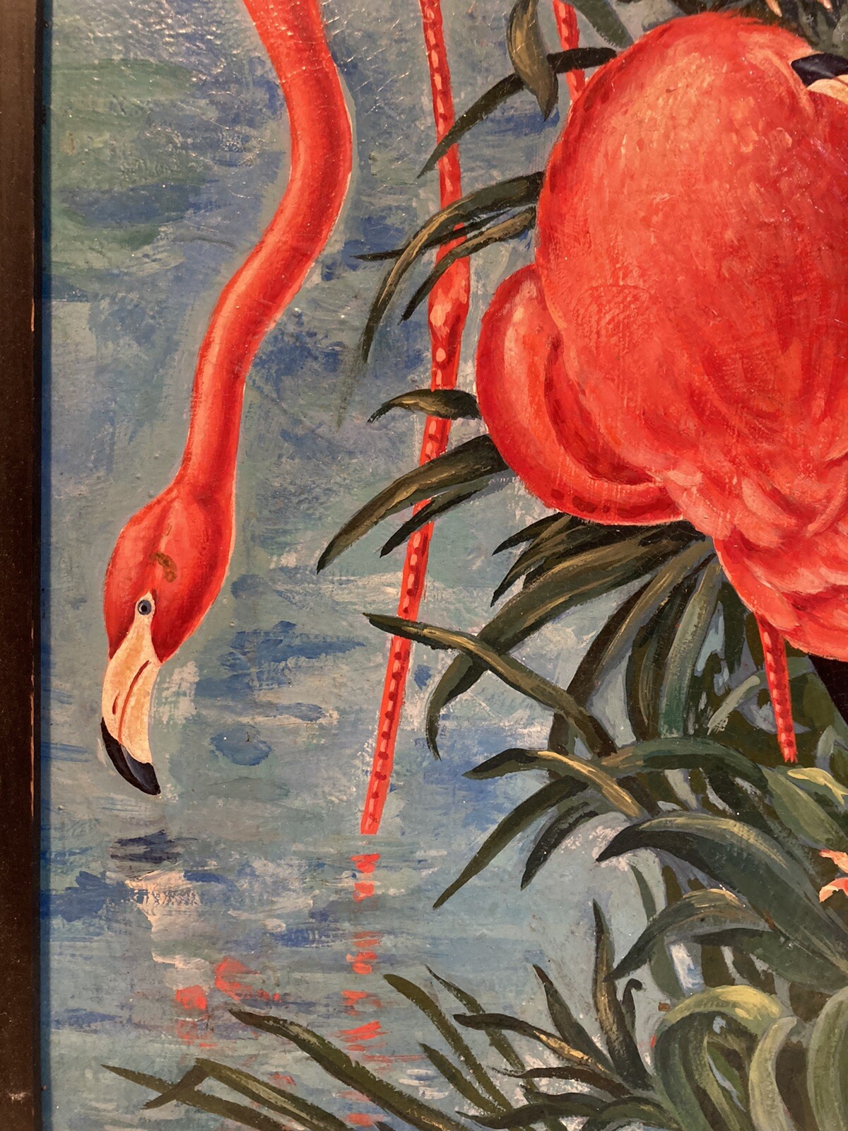SIGNED MID CENTURY ABSTRACT MODERNISM FLORIDA FLAMINGOS ILLUSTRATION PAINTING