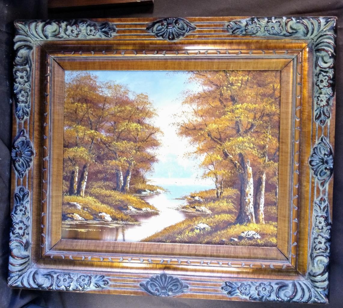 Original Artist Signed Oil Painting Landscape Forest Trees Framed Lake Stream