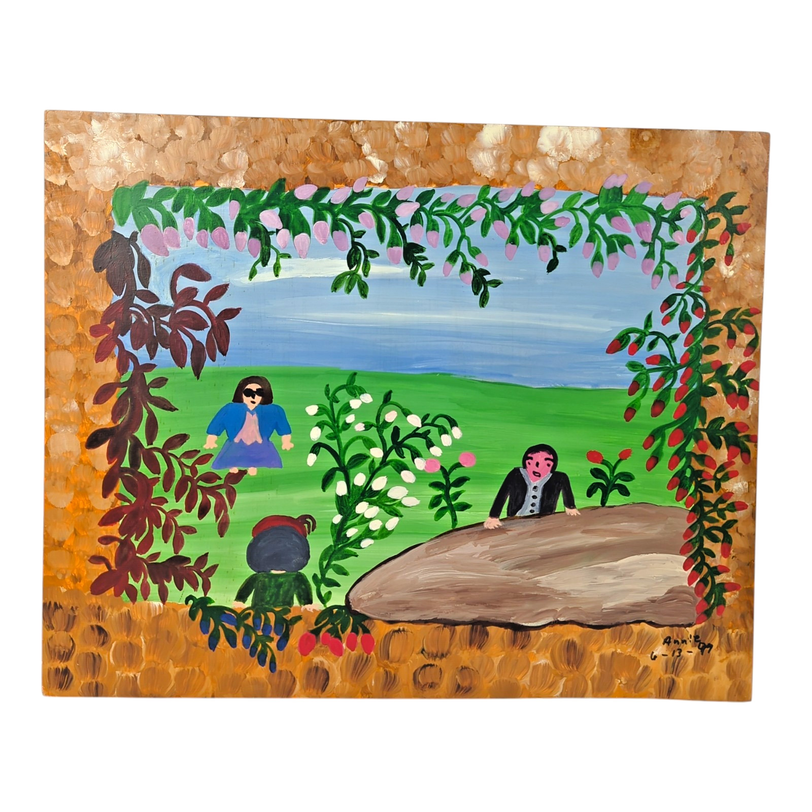 Annie Cochran Outsider Folk Art «Man Behind Rock» Original Painting Wood Signed
