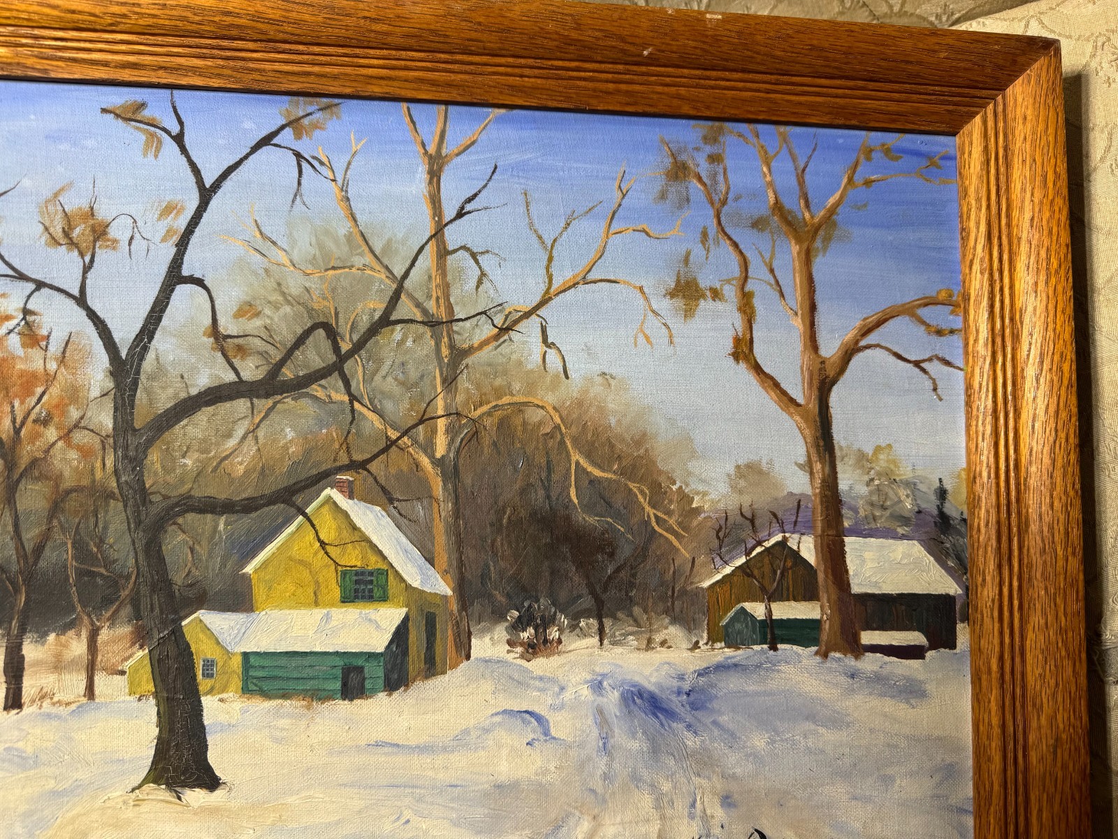 Kerry Osipower «Winter Landscape With Homes Scene» Oil Painting – Signed/Framed