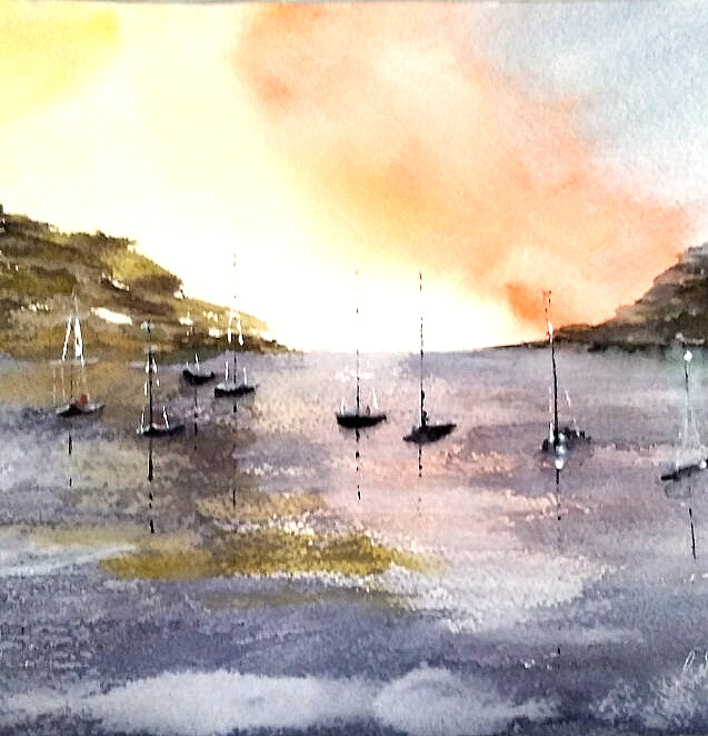 paintinwatercolor seascape quiet harbor sea sailboats beautiful sky sunrisegift