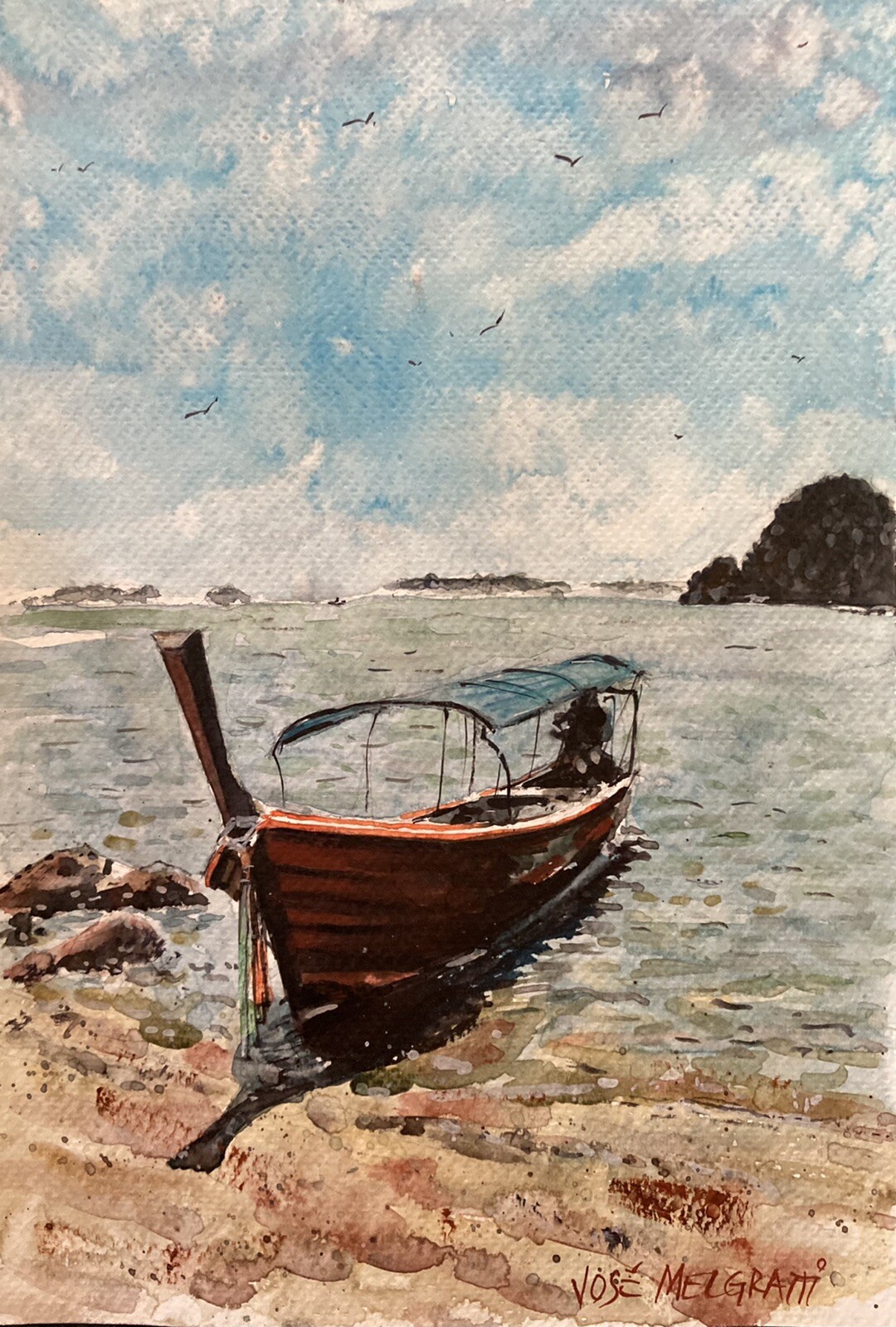 ORIGINAL Watercolor painting Asian Fishing Boat 7.1/2″ X 11″