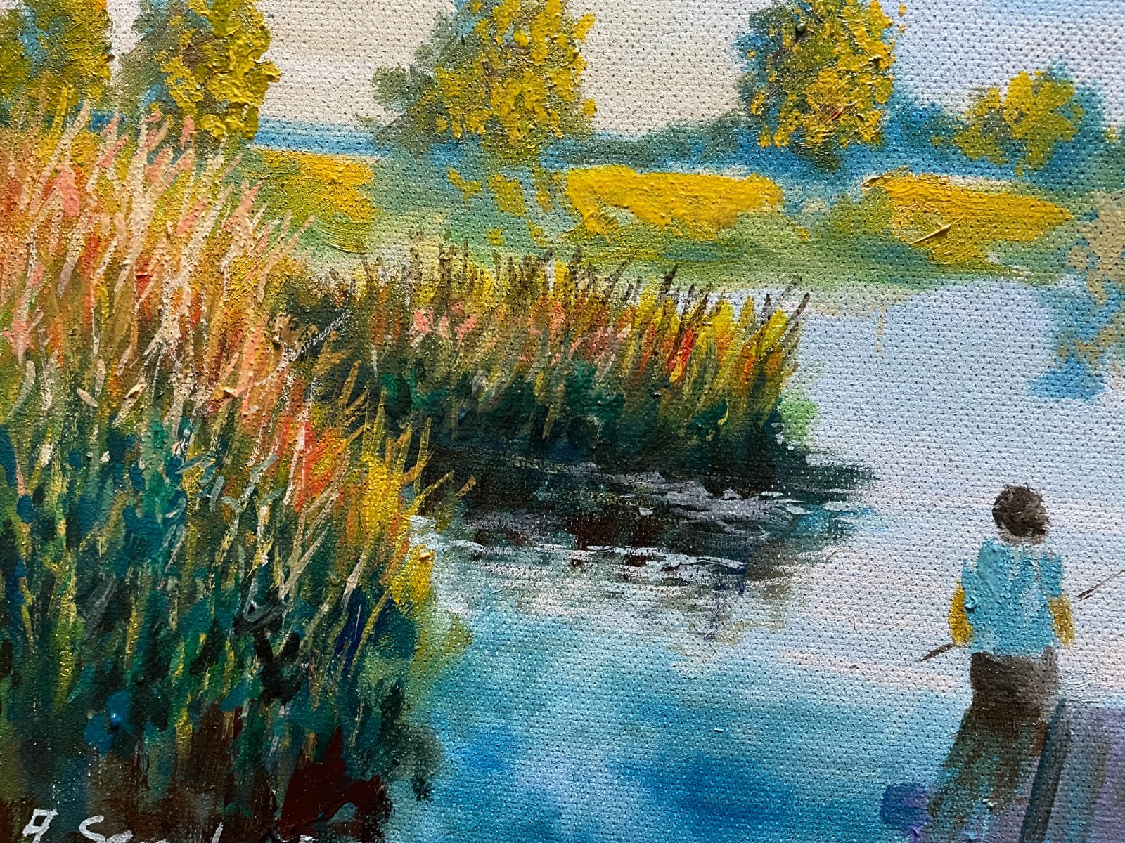 Original Oil Painting River Landscape Fisherman Dock Impressionist Art 12×16