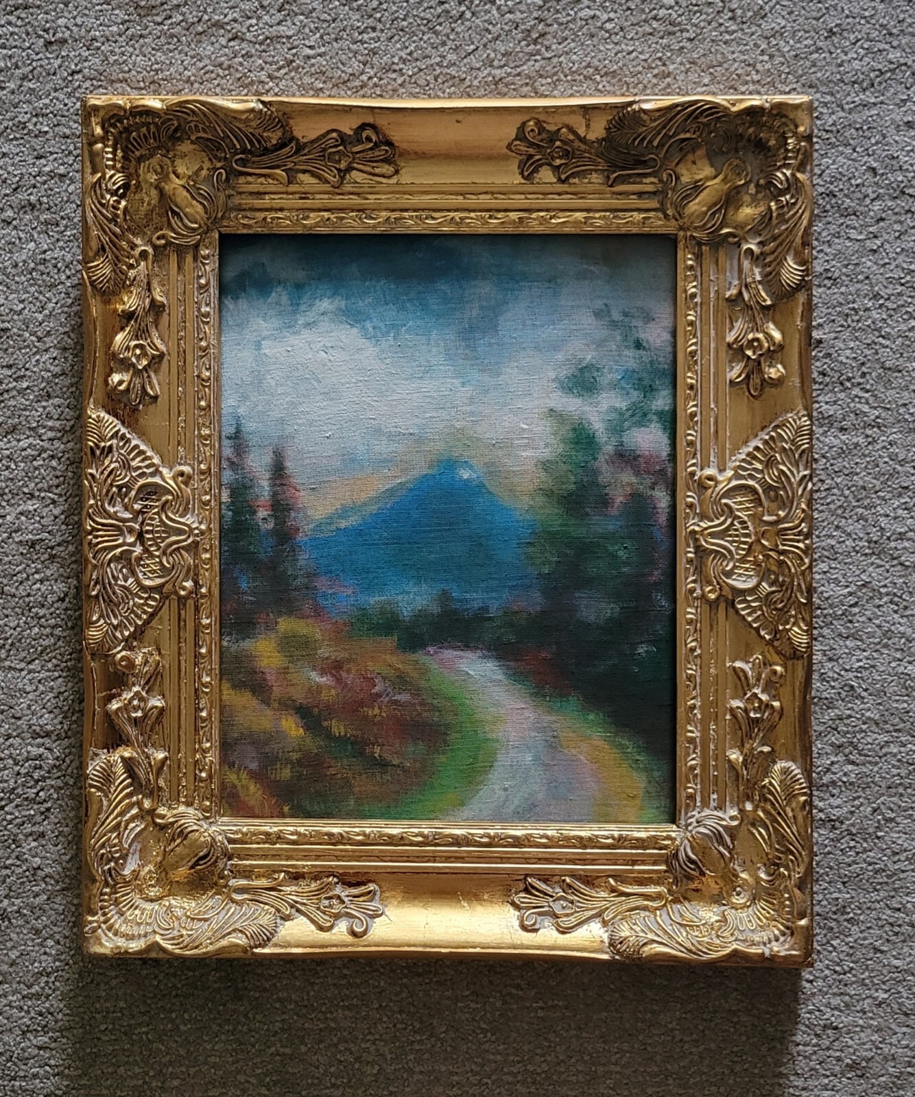Original Landscape Art Painting Linen Blue Mountain Hill Save Knob Impressionism