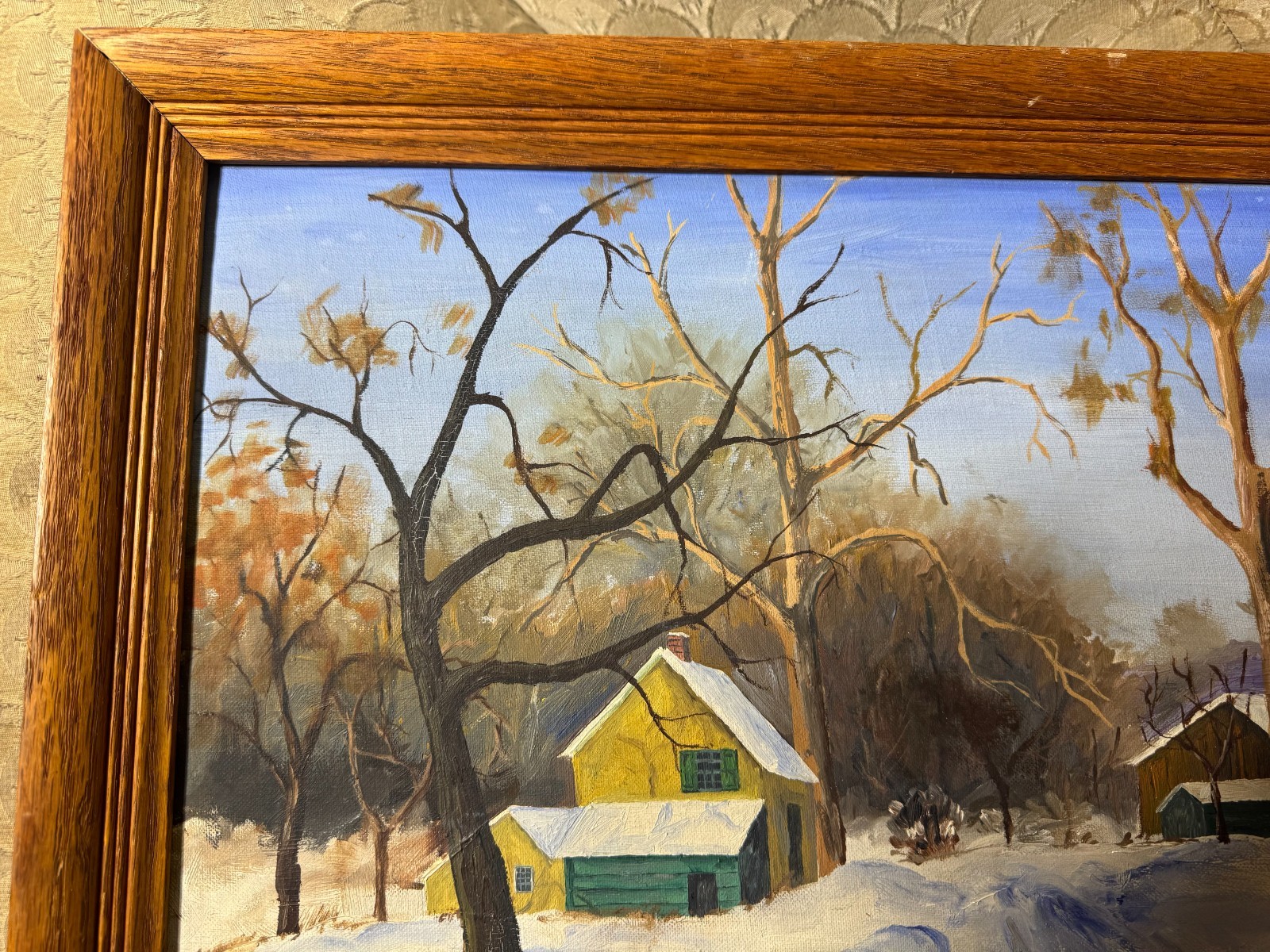 Kerry Osipower «Winter Landscape With Homes Scene» Oil Painting – Signed/Framed