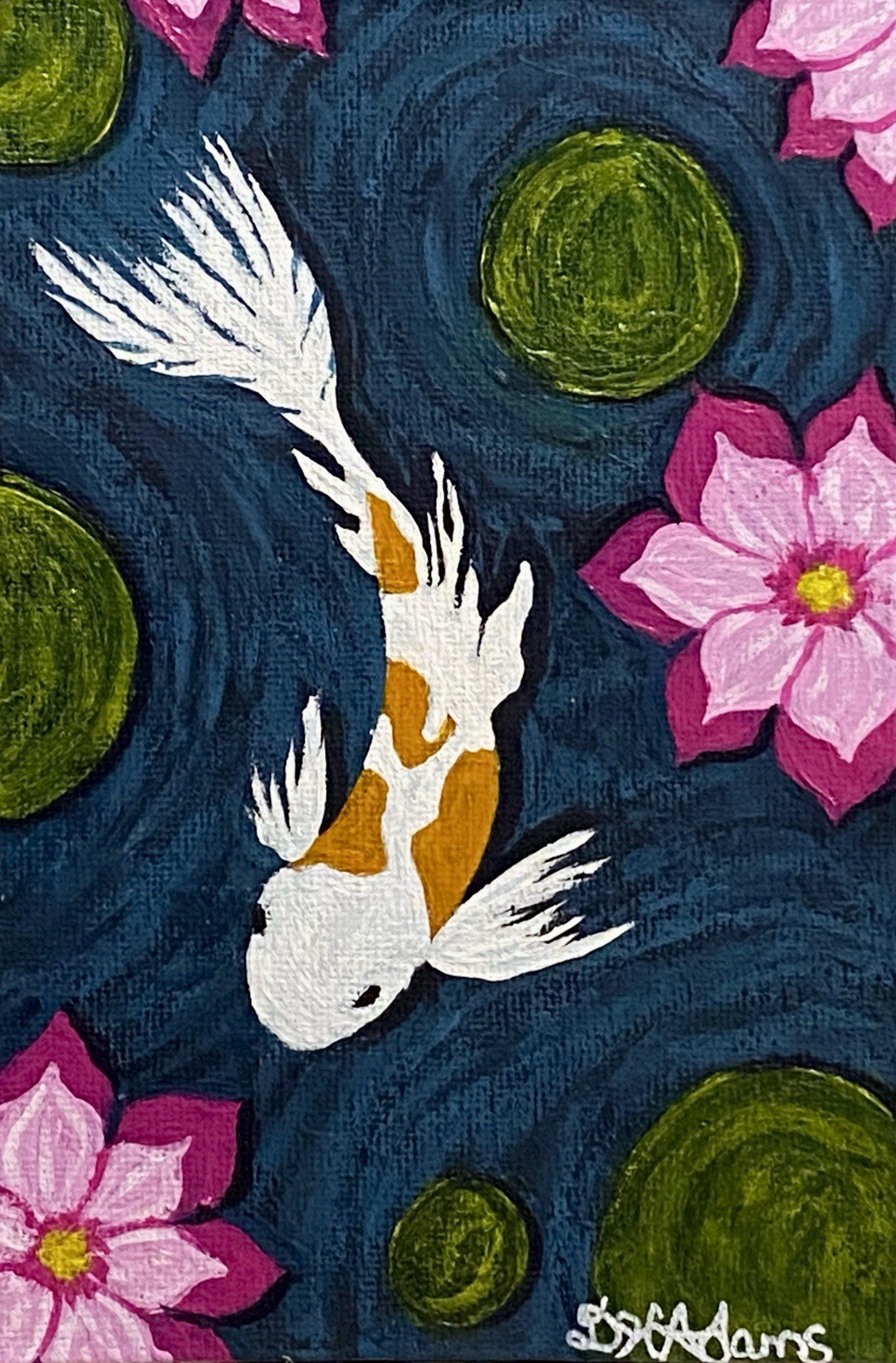 Framed Original Koi Fish Miniature Acrylic Painting – 4×6 Small Zen Pond Art