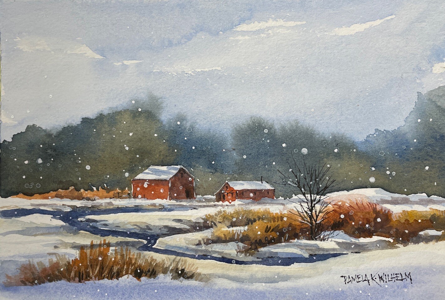 5”x7” Original Watercolor Pamela Wilhelm Winter Snow Farm On Little Creek