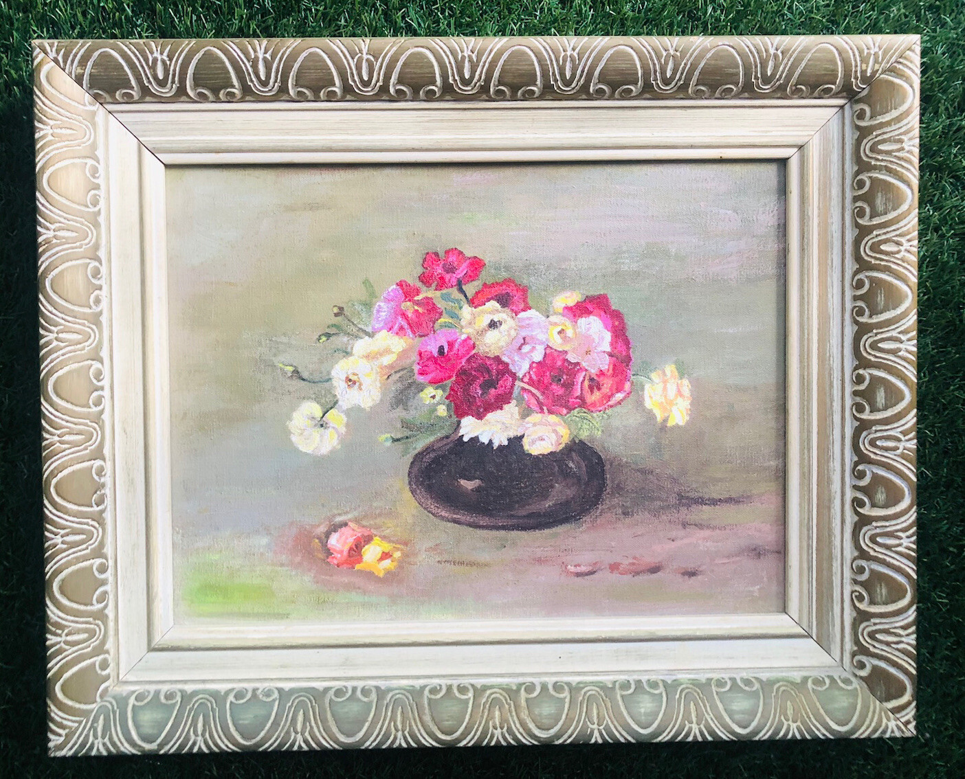 Vintage OIL PAINTING ORIGINAL Art Pink Red ROSES in VASE Shabby Chic COTTAGE