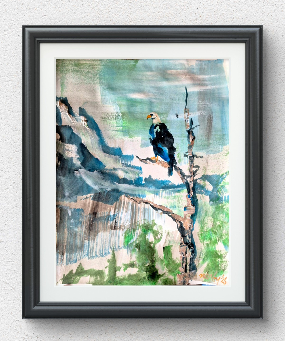 Original Contemporary 11×14 Blue Abstract Eagle Acrylic Painting Signed Art P070
