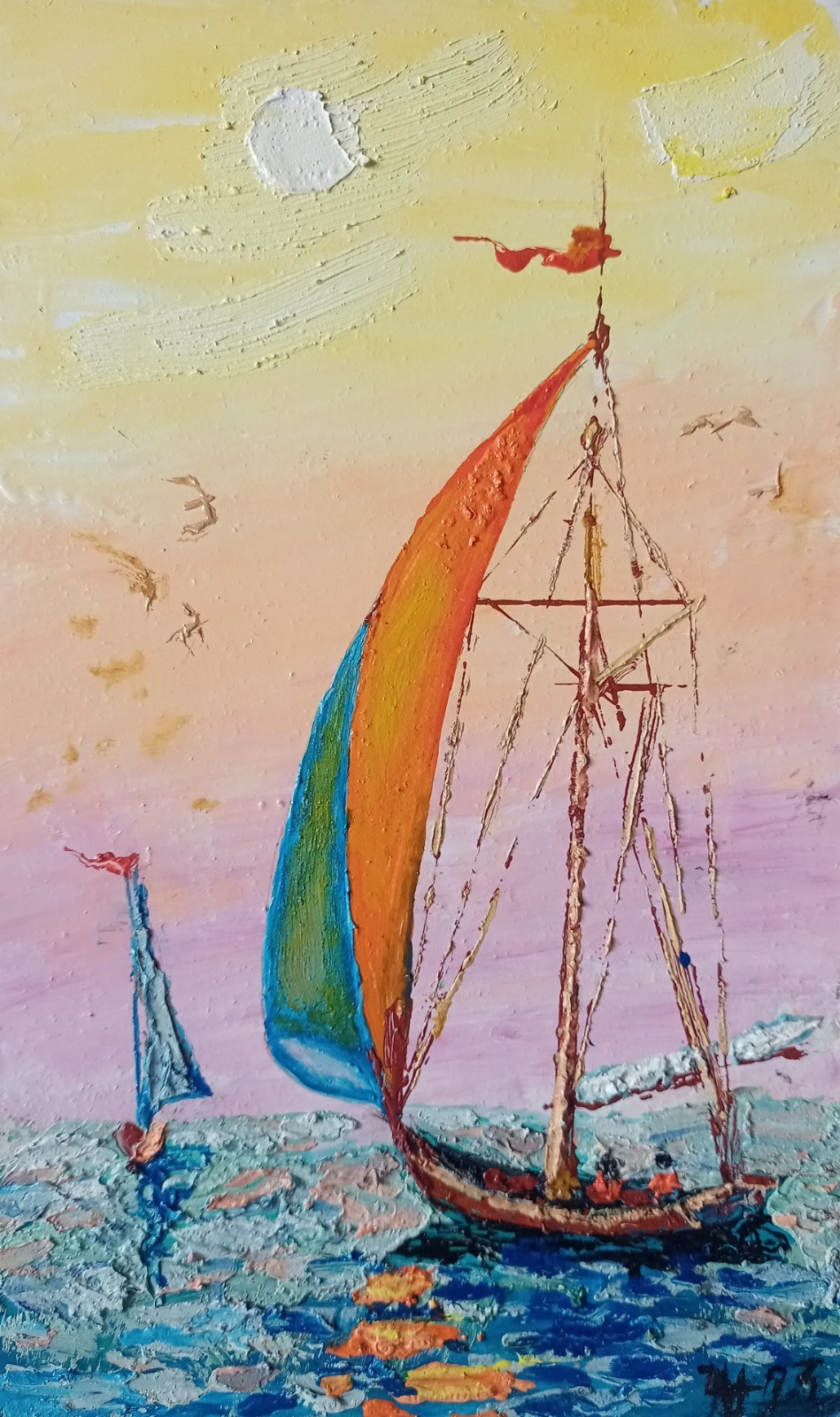 Yacht Impasto Painting Original Art Impression Oil Painting 6 x 10 in