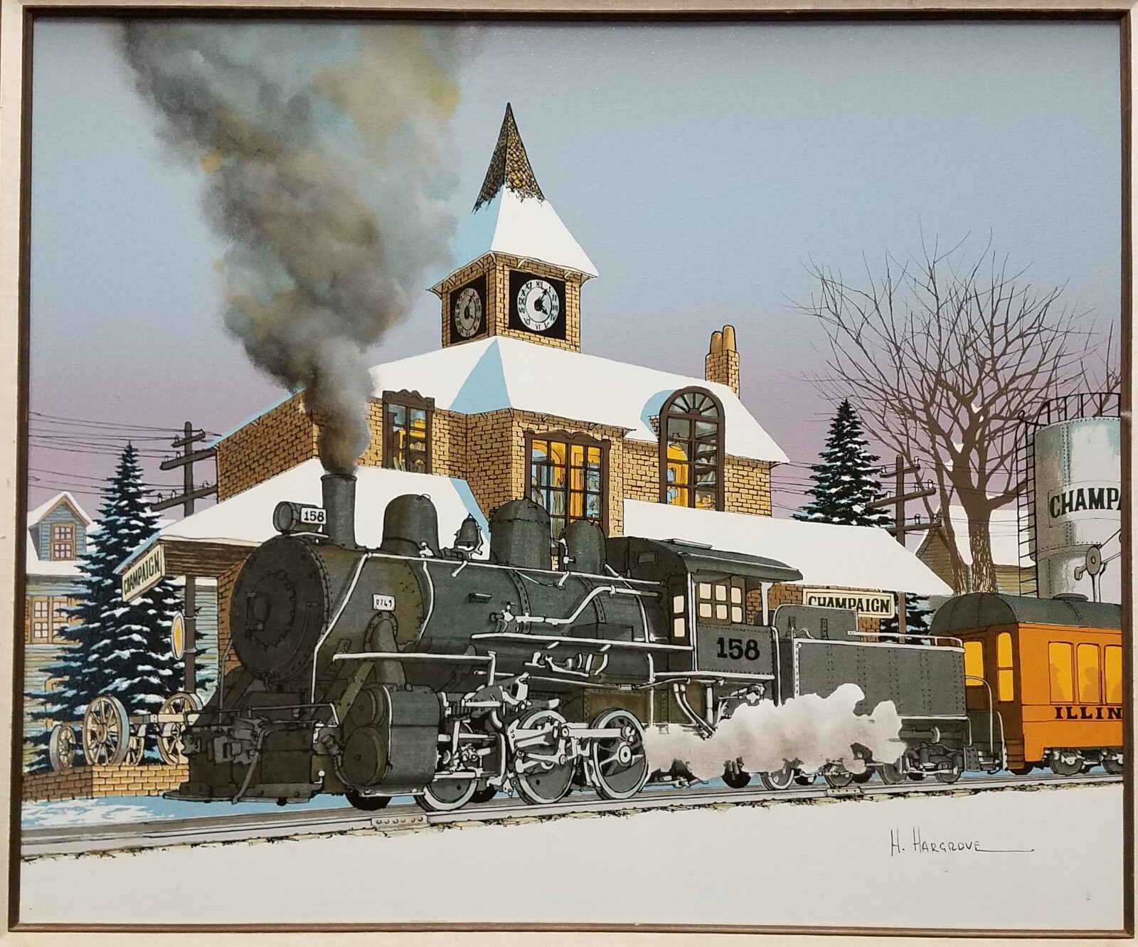 24×20 Vintage Oil on Canvas H HARGROVE Painting CHAMPAIGN IL TRAIN STATION Engin