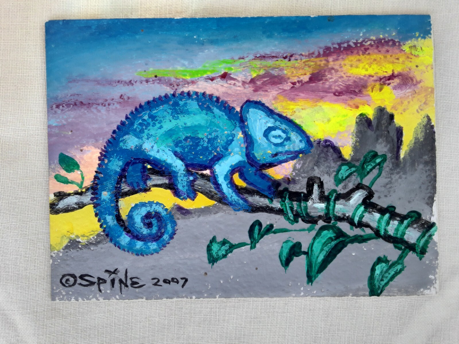 Tiny Size Original Art by Spine OLD WORLD CHAMELEON 2.5 by 3.5 ACEO