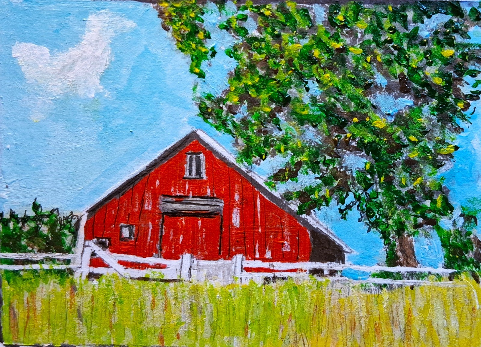 Original Miniature Painting ACEO Landscape Red Barn Vermont Summer Oak