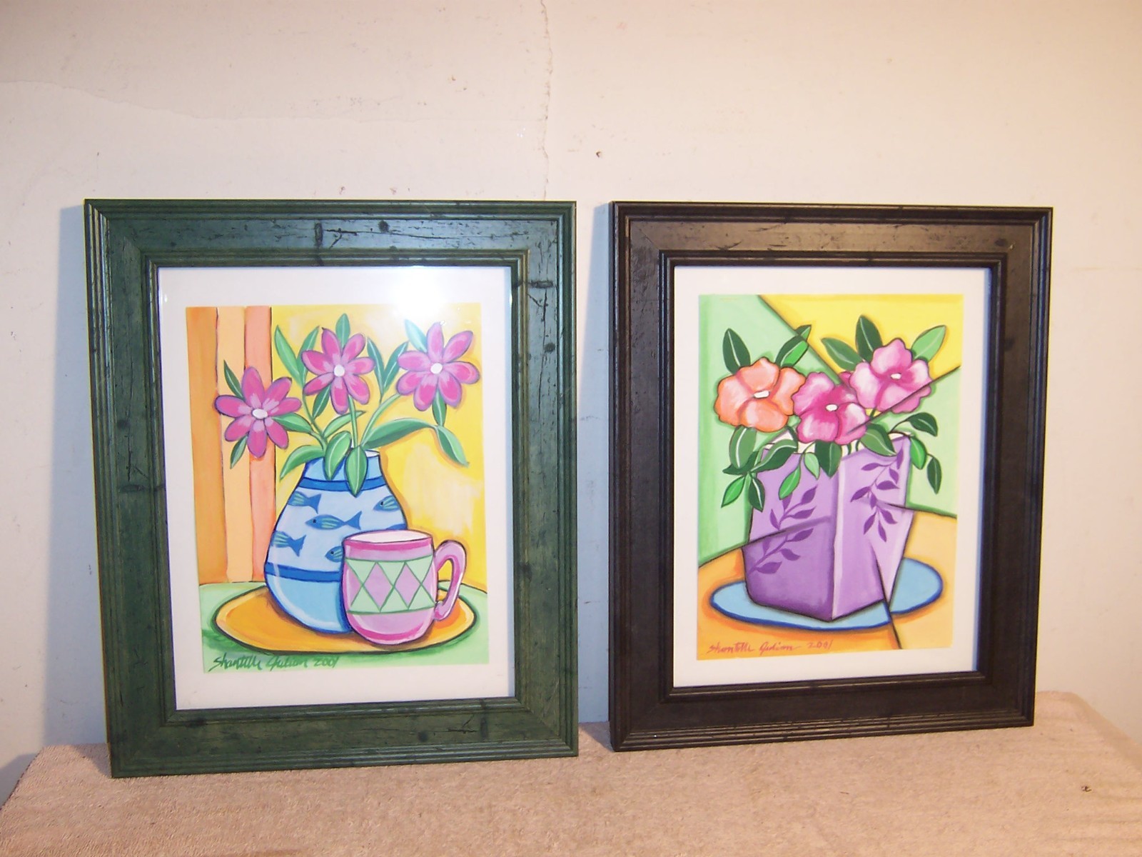 Pair Modernist Pop Coffee Shop Floral Still Life Paintings Shantelle Julian 2001