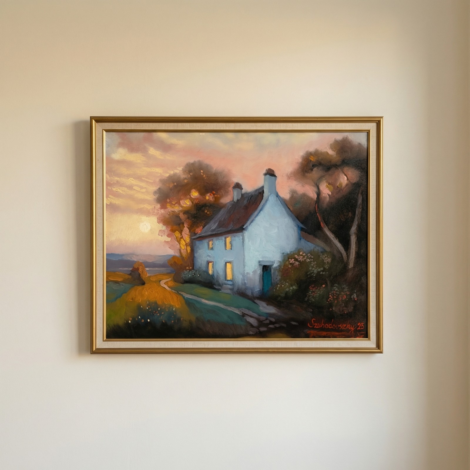 Original Oil Painting Cottage Sunset Landscape Art 16×20 Canvas