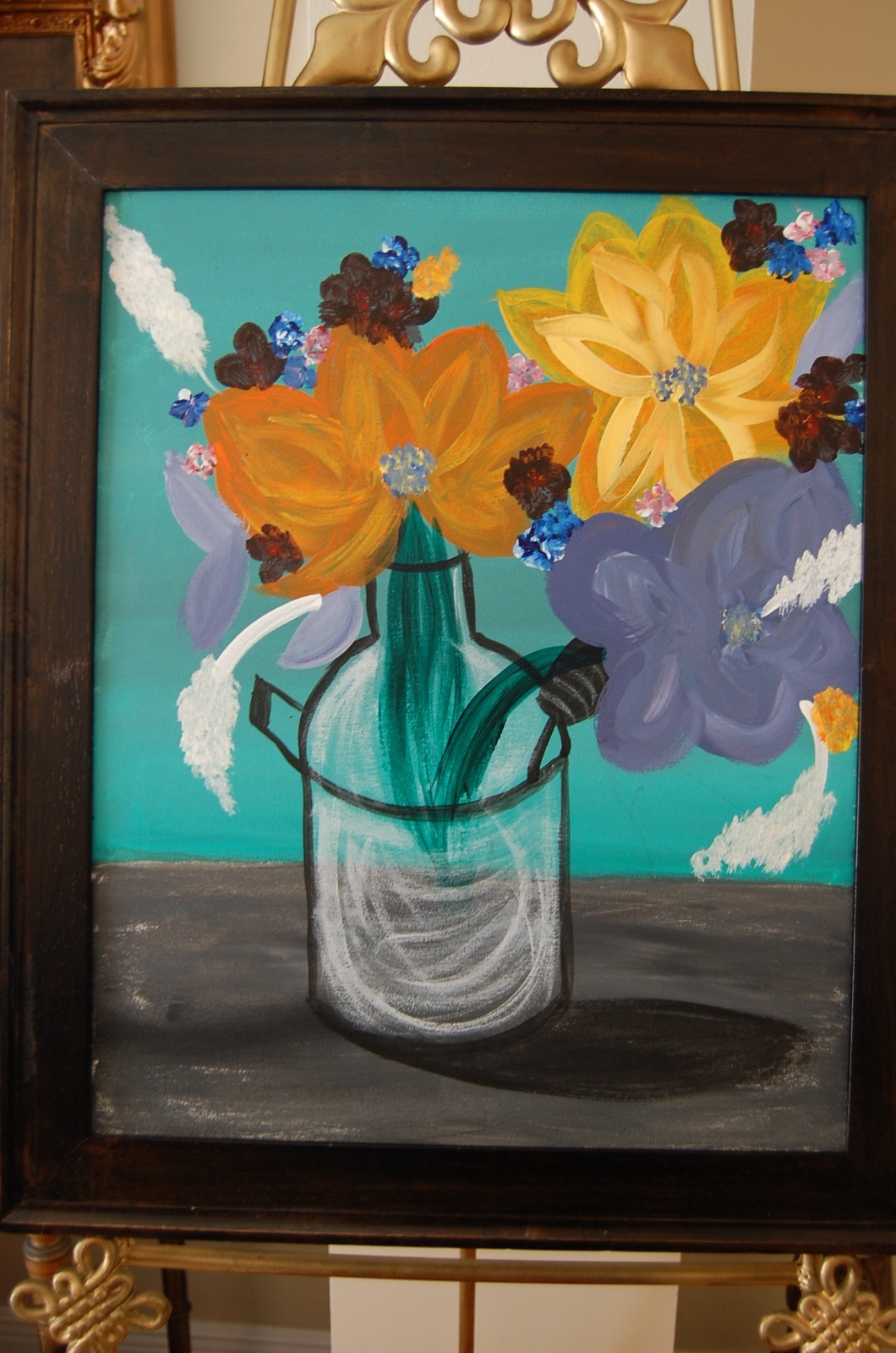 ORIGINAL FRAMED ACRYLIC MODERN ABSTRACT PAINTING OF FLOWERS ON VASE A STILL LIFE