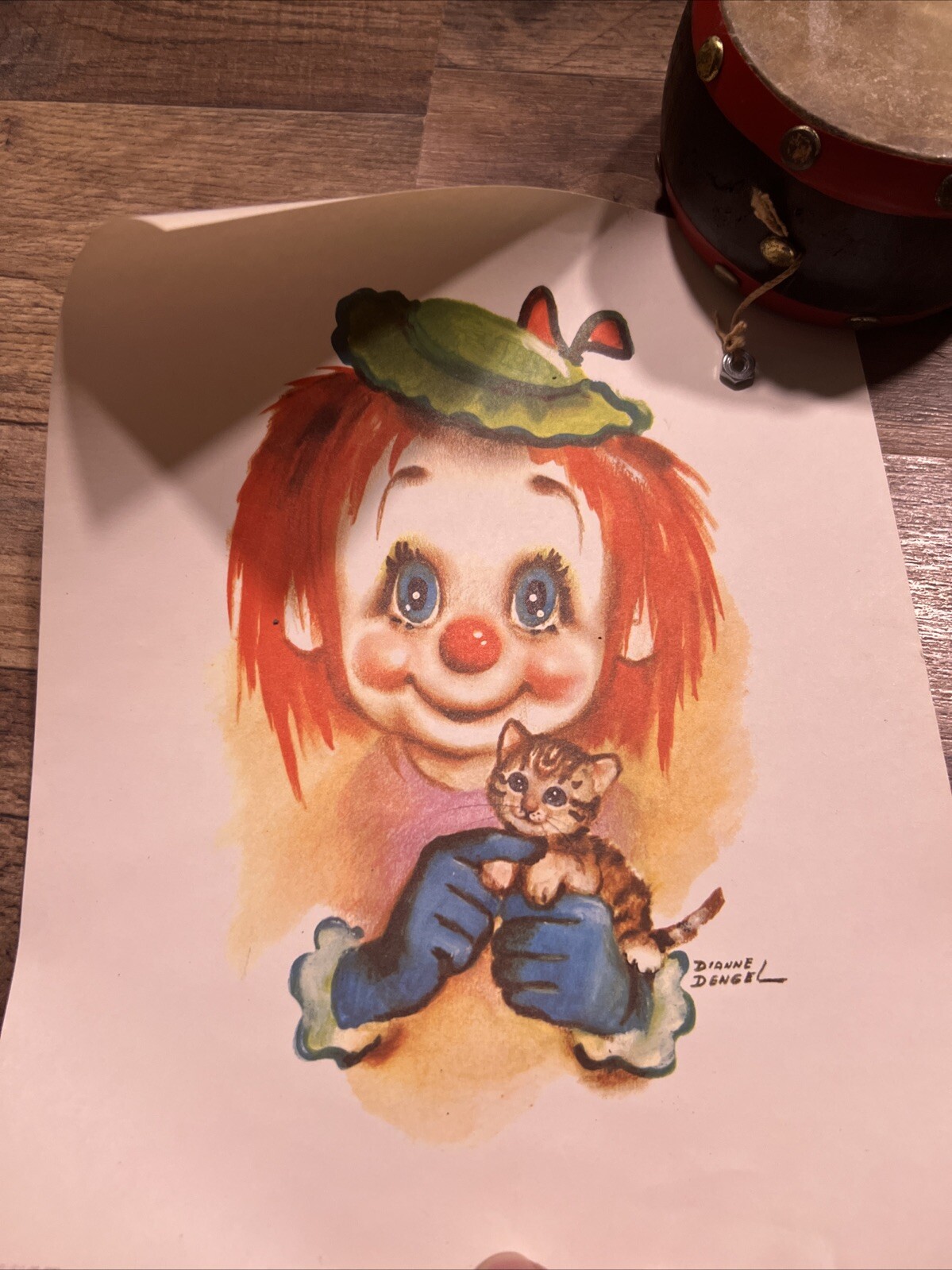 1966 Dianne Dengel Litho Big Eyed Clown Cat 10in X 8in Rolled Not Framed
