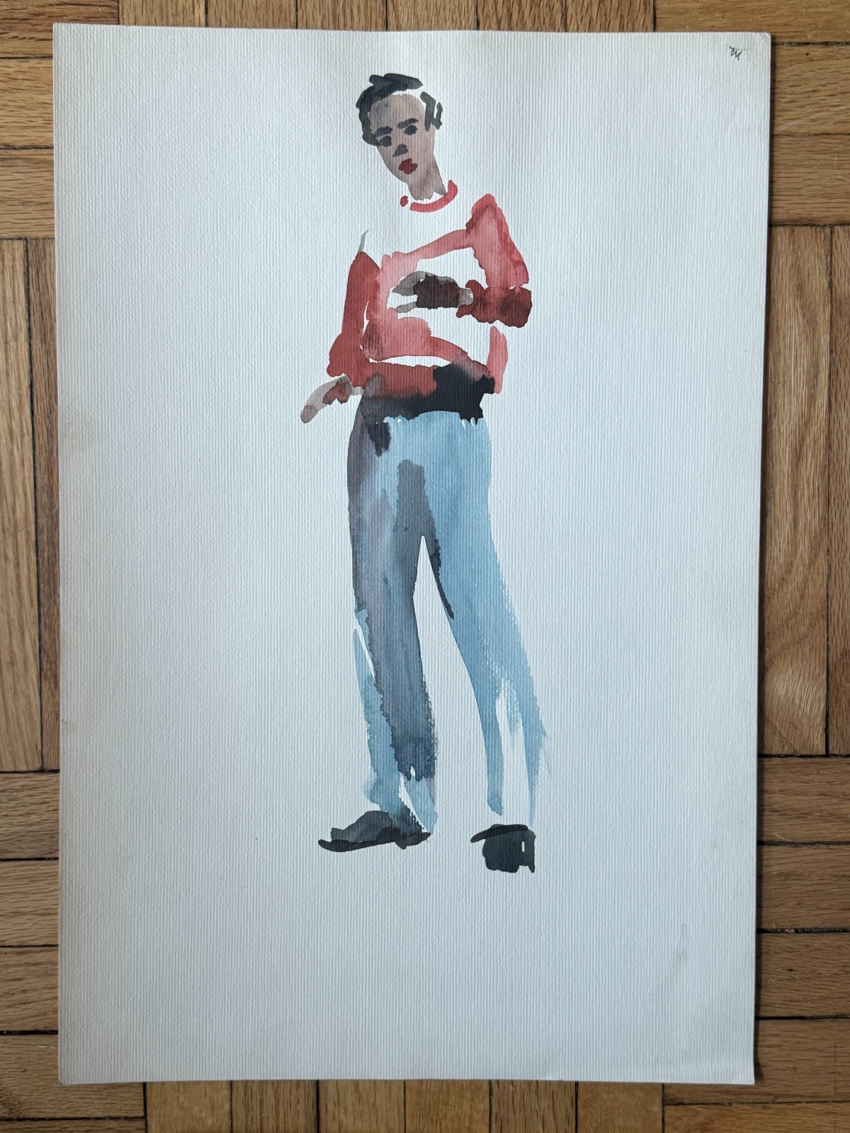 VTG 1950’s MCM Watercolor Painting Male Mens Fashion Gay Int 18 x 12