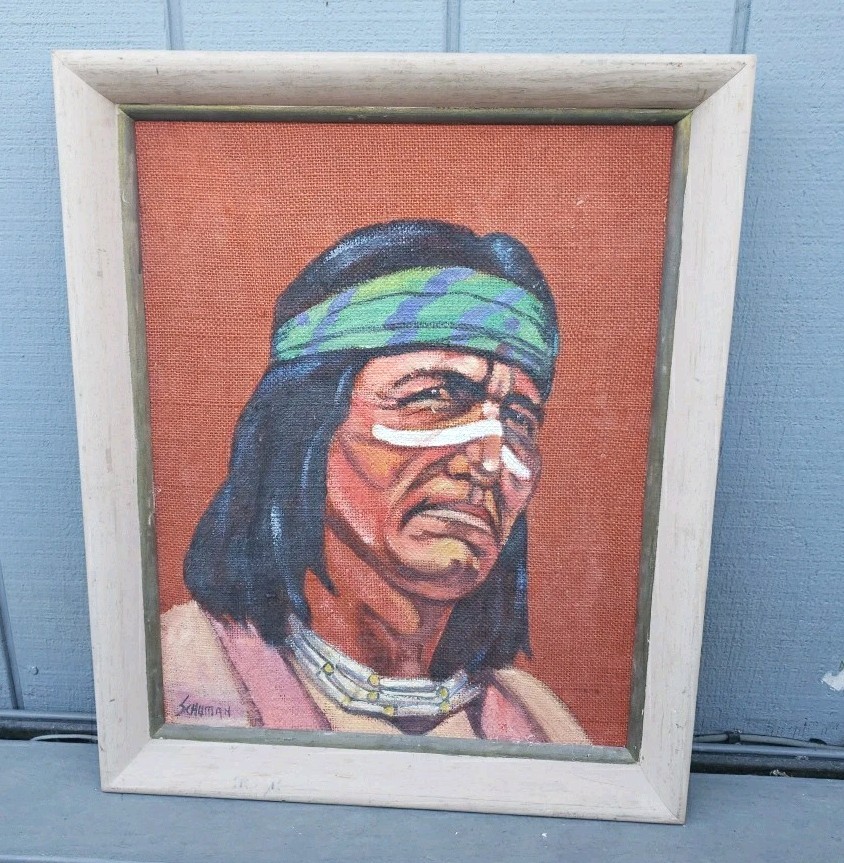 Vintage Native American Indian Warrior Painting 23″ signed Wall Art Unique
