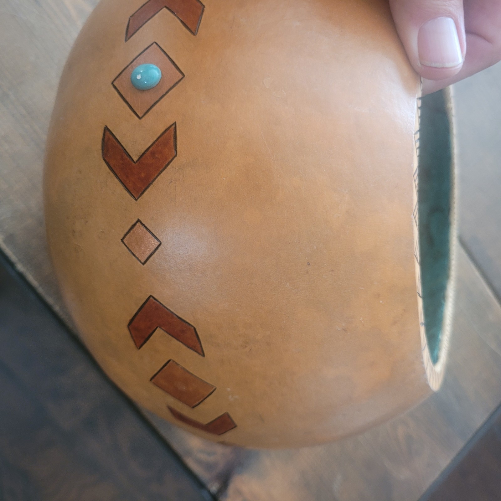 Southwestern Hand Painted Gourd Native American Turquoise Feathers Beads Signed