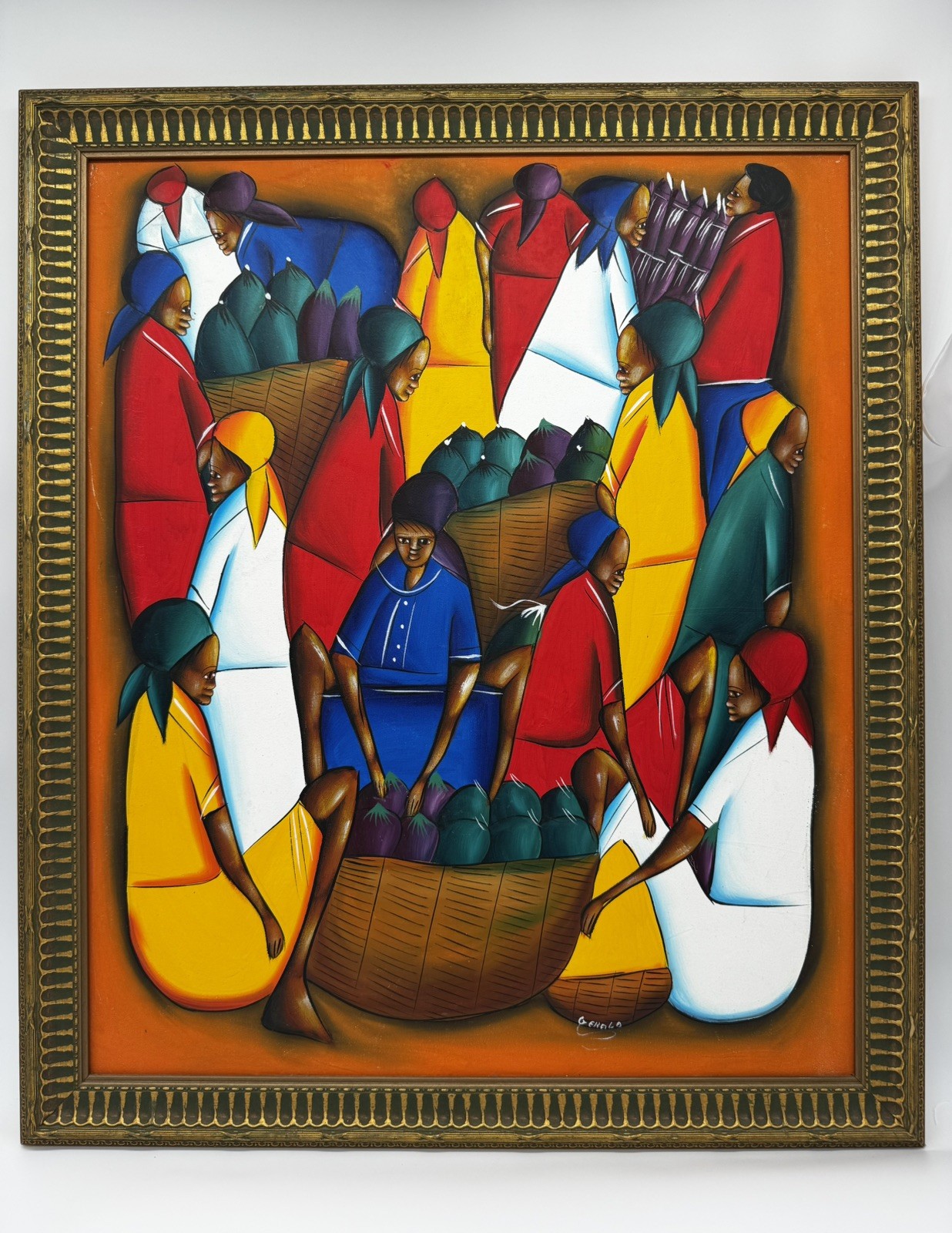 Original Folk Art Painting Signed Caribbean Haitian Market Scene Framed 23×26