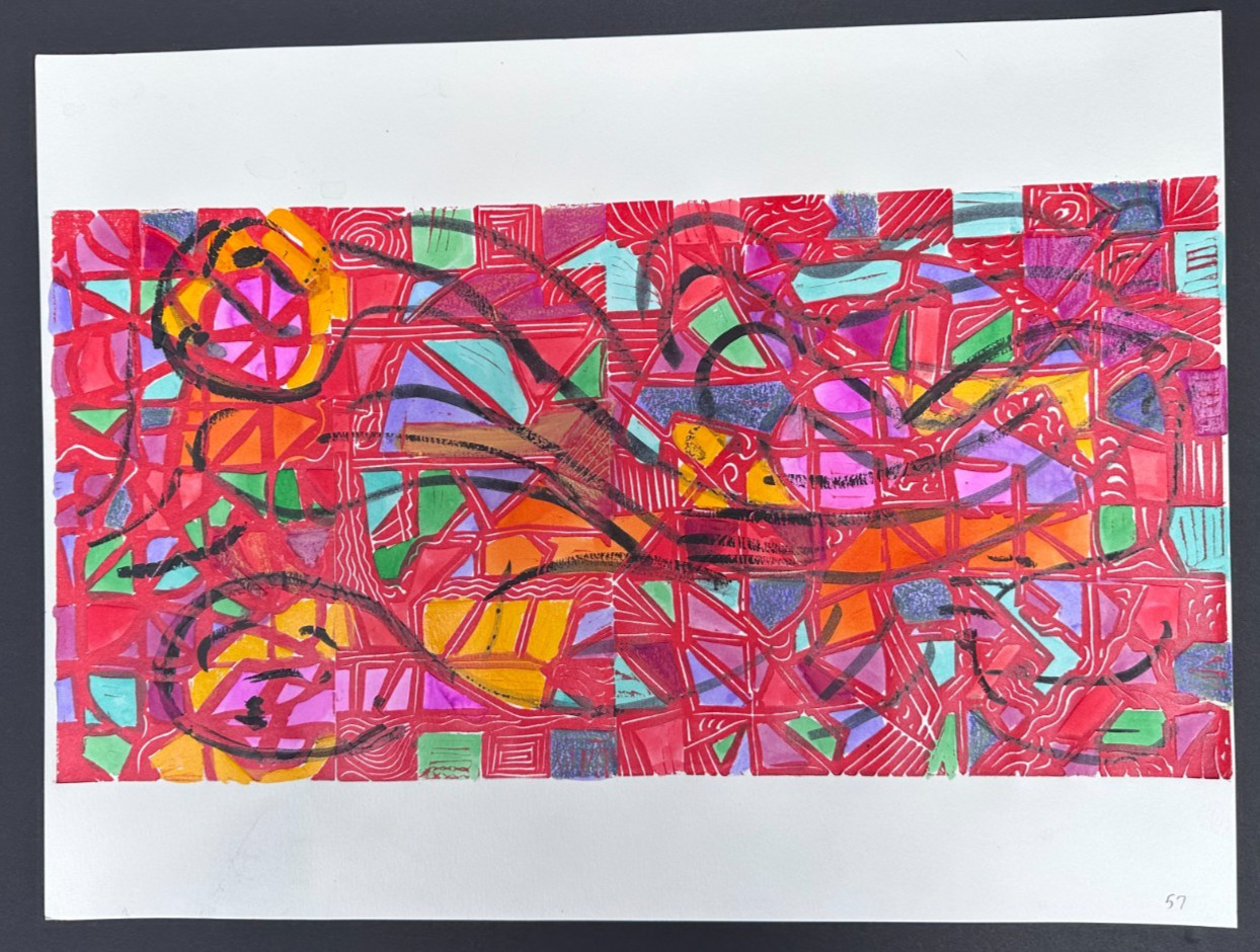 Paul Crimi Abstract Red Composition Textured Paint Over Print 18×24