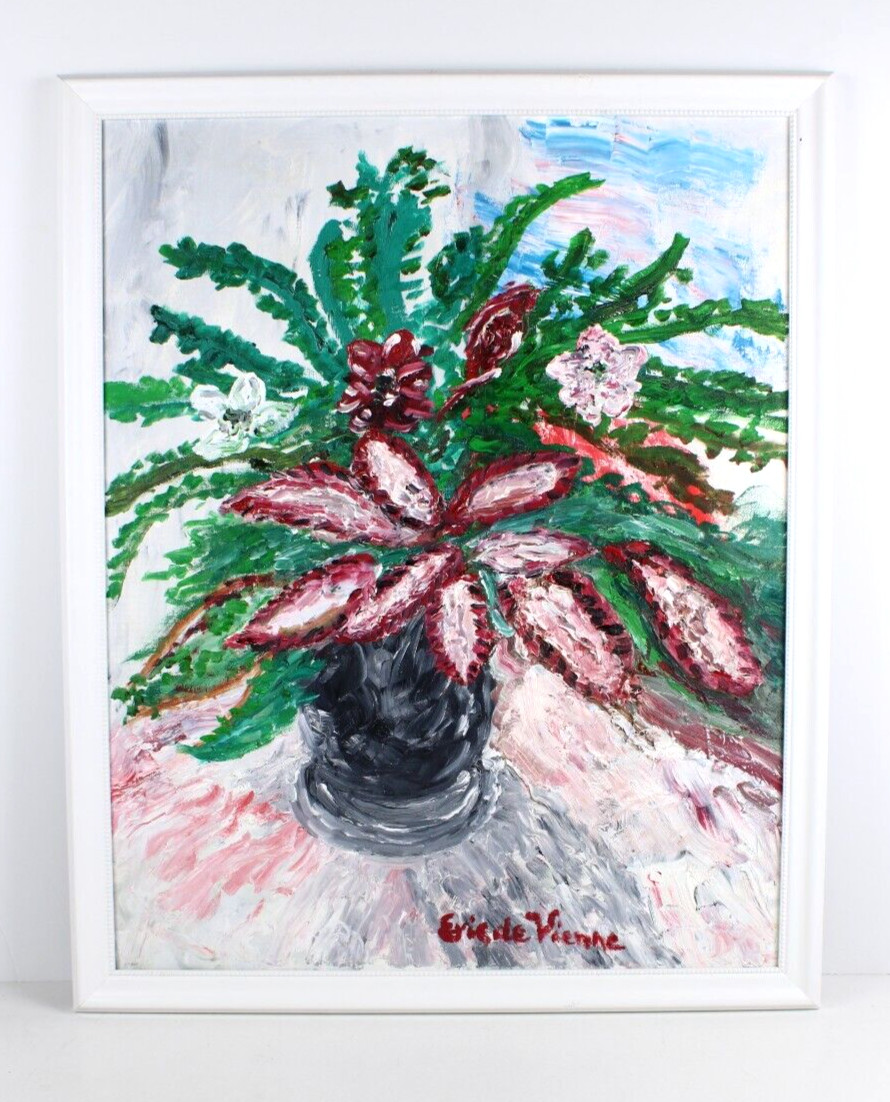 Pink & Green Still Life Vintage Oil Painting Signed Eric de Vienne