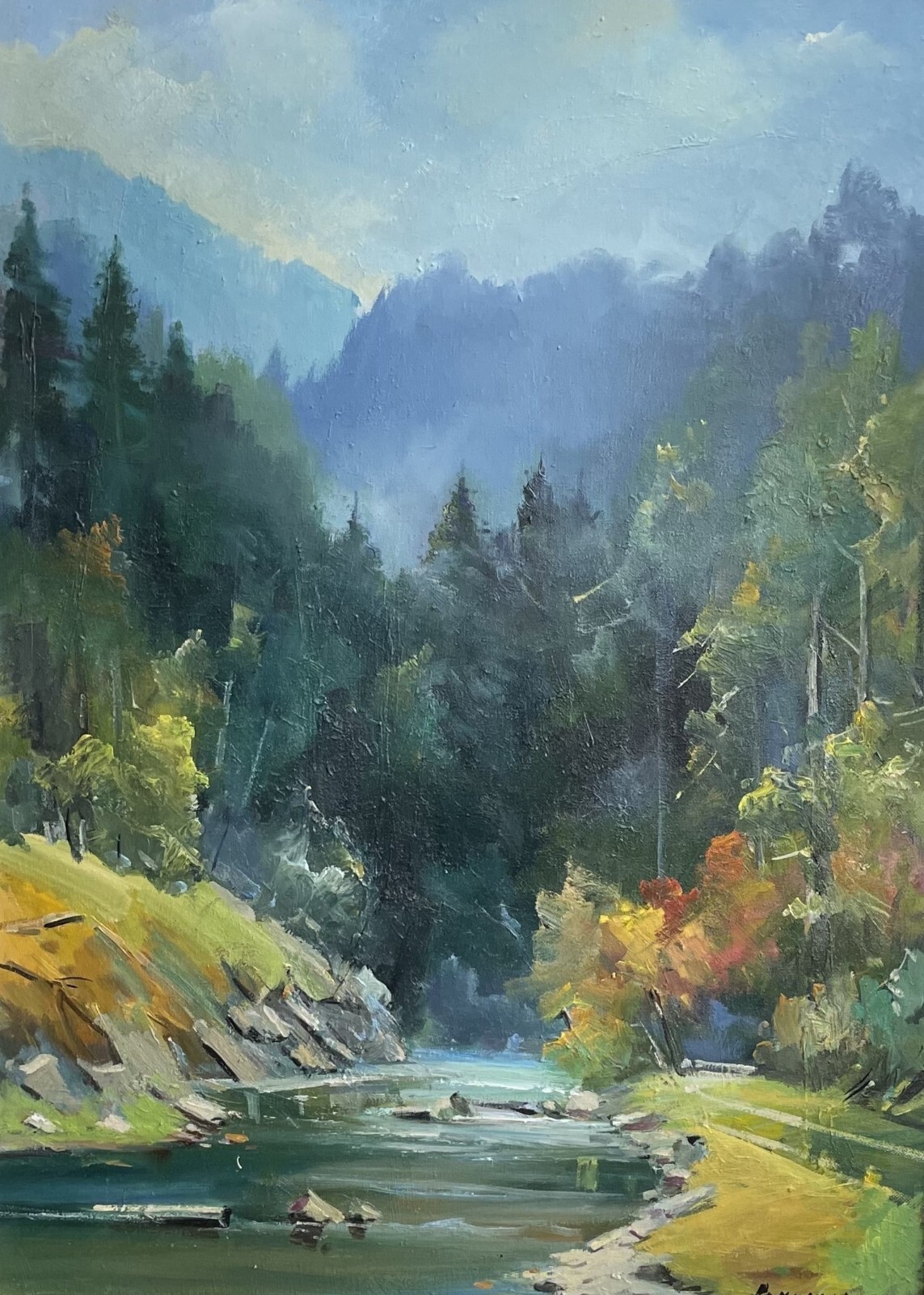 Oil painting Foggy day Ukrainian painter Canvas Framed Decor original landscape