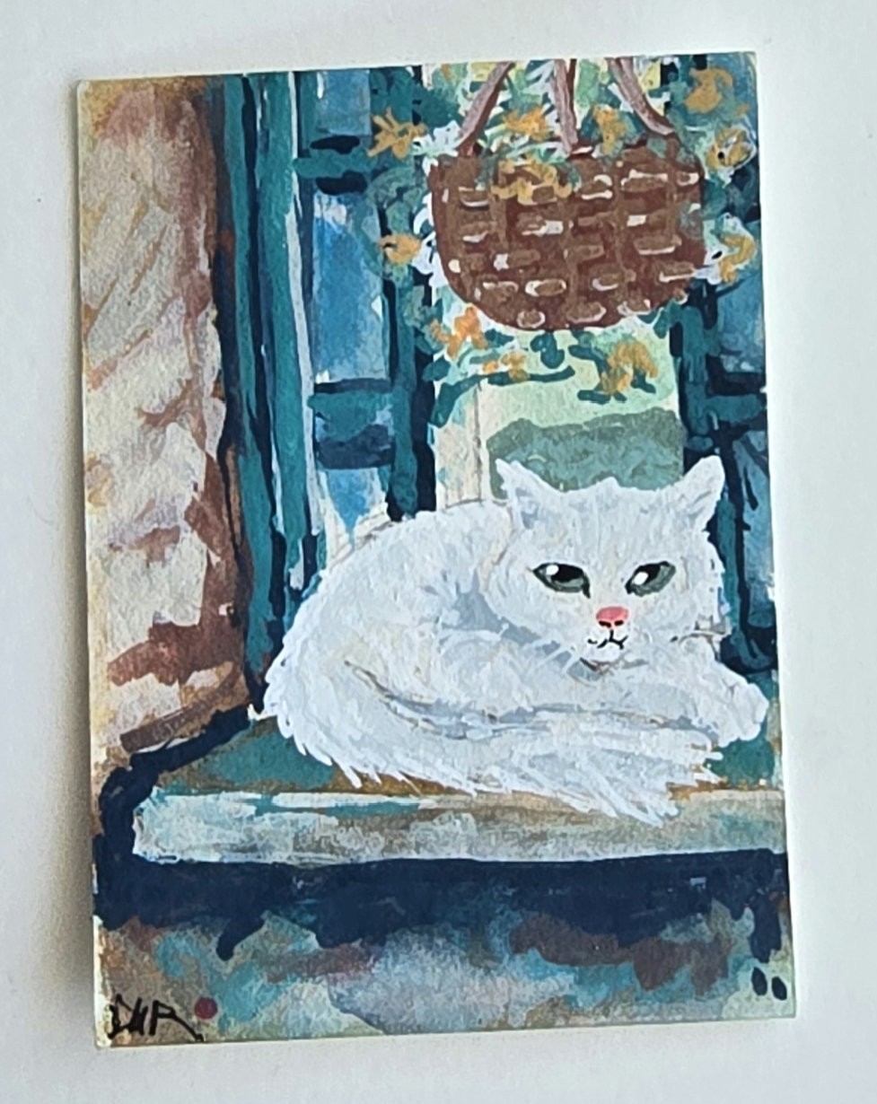 Original ACEO White Cat Window Flowers Whimsical Maria Rico»ZEPHYR»