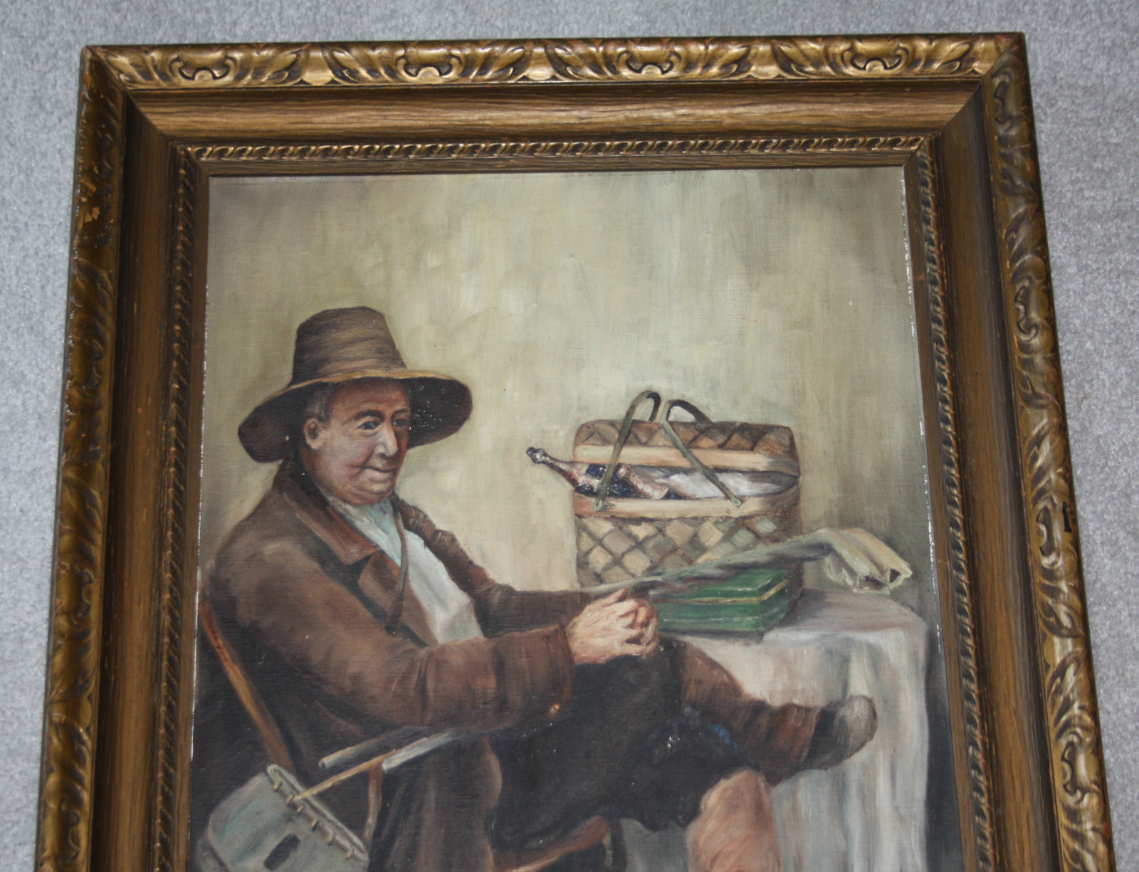 Waiting for the Fishing Party after LC Earle Vtg Antique Oil Painting Tobacco