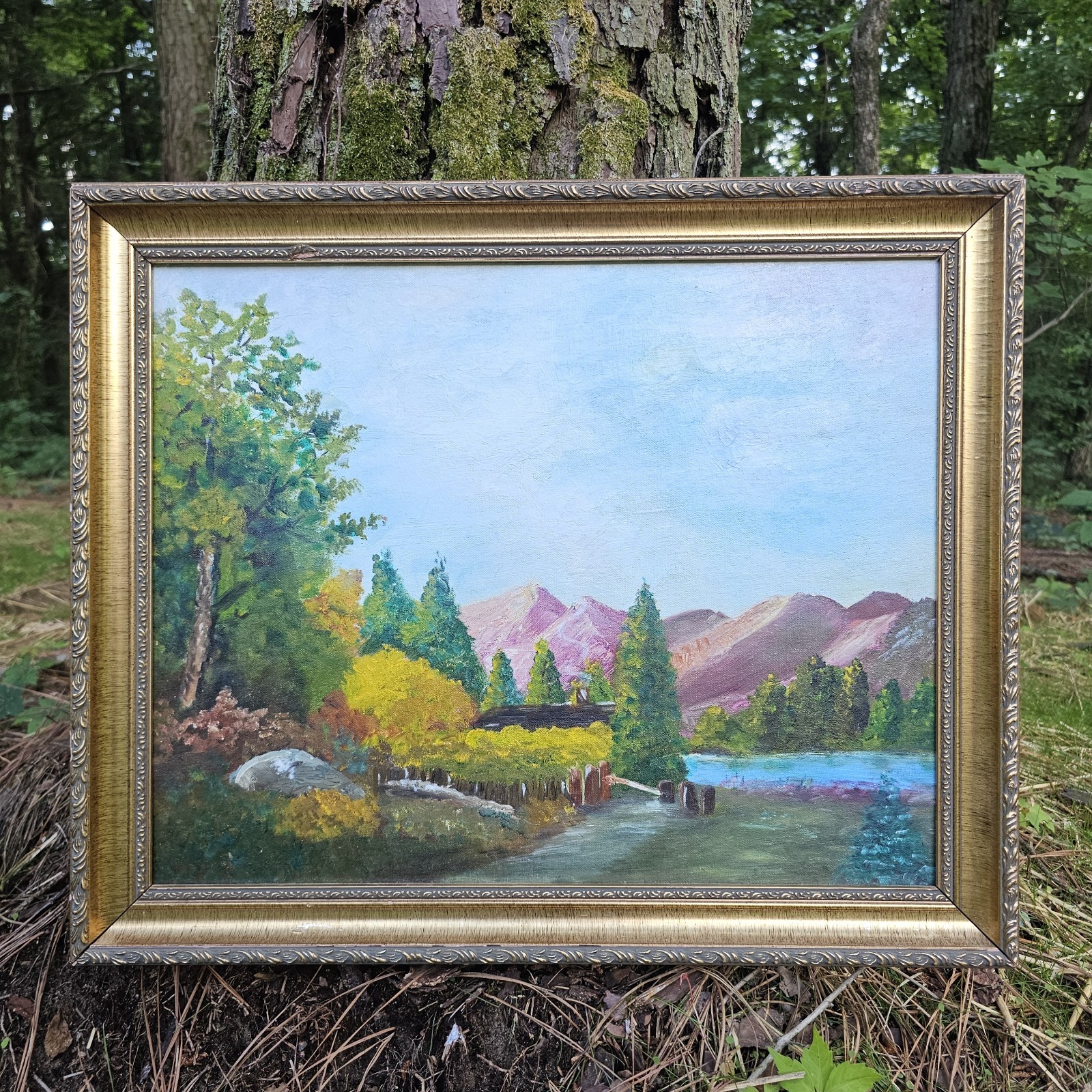 Framed Mountain Lake Oil Painting Impressionist Landscape Cabin Artwork