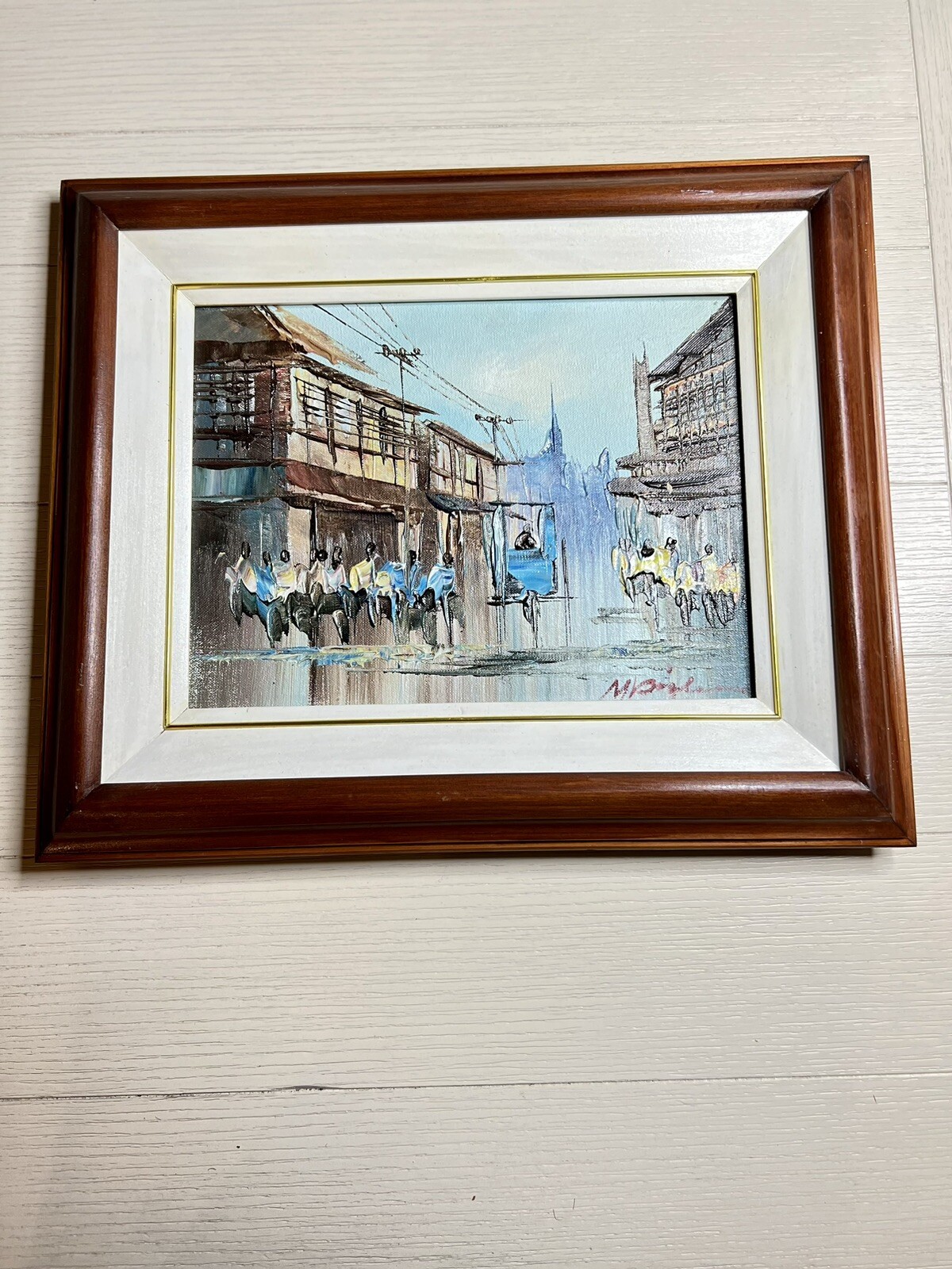 Original Oil Painting Signed by Artist & Framed Downtown Gathering Impressionism