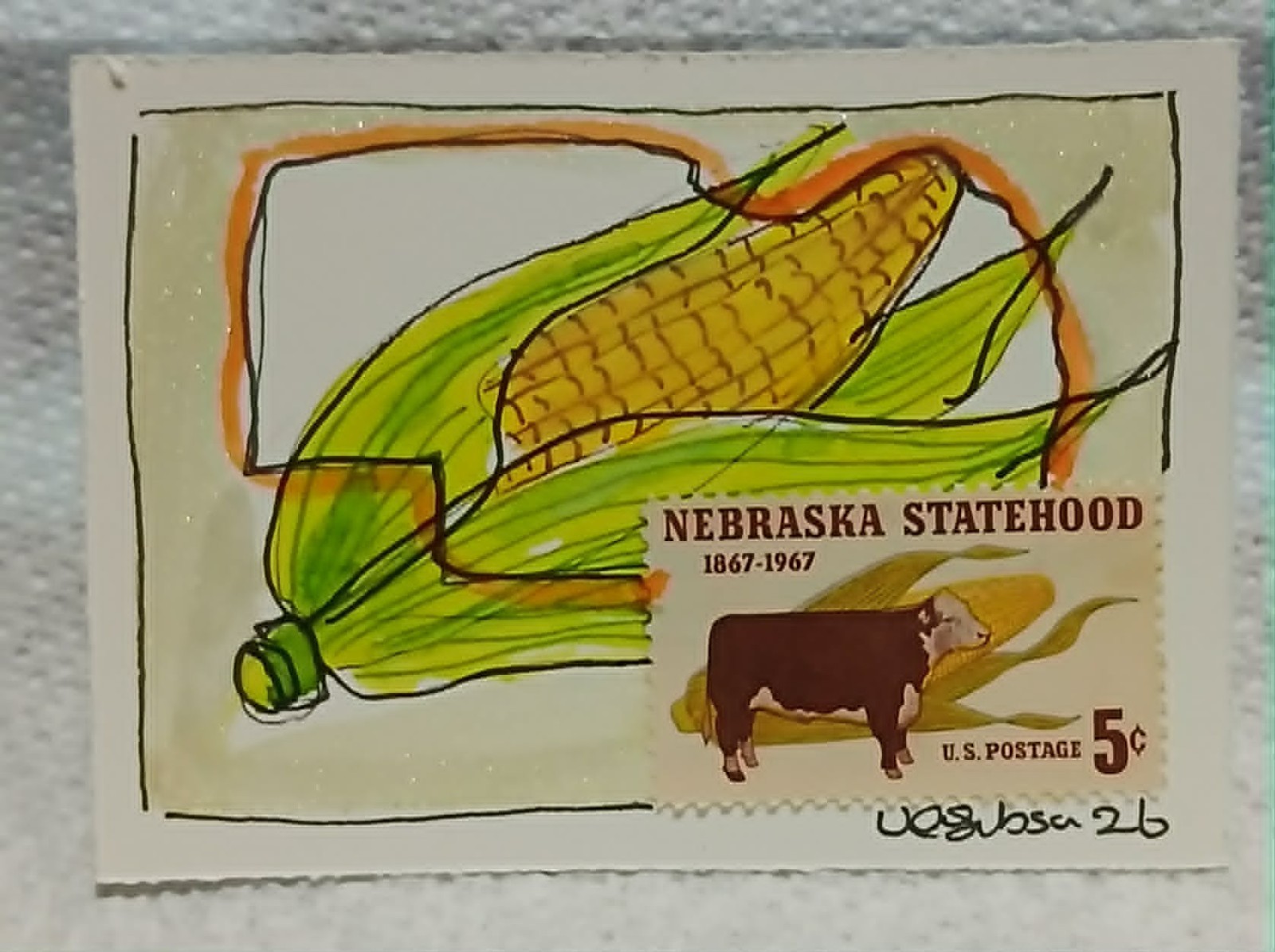 Postal Whimsy OOAK Nebraska Statehood 5¢ Stamp ACEO Corn Art by Virginia