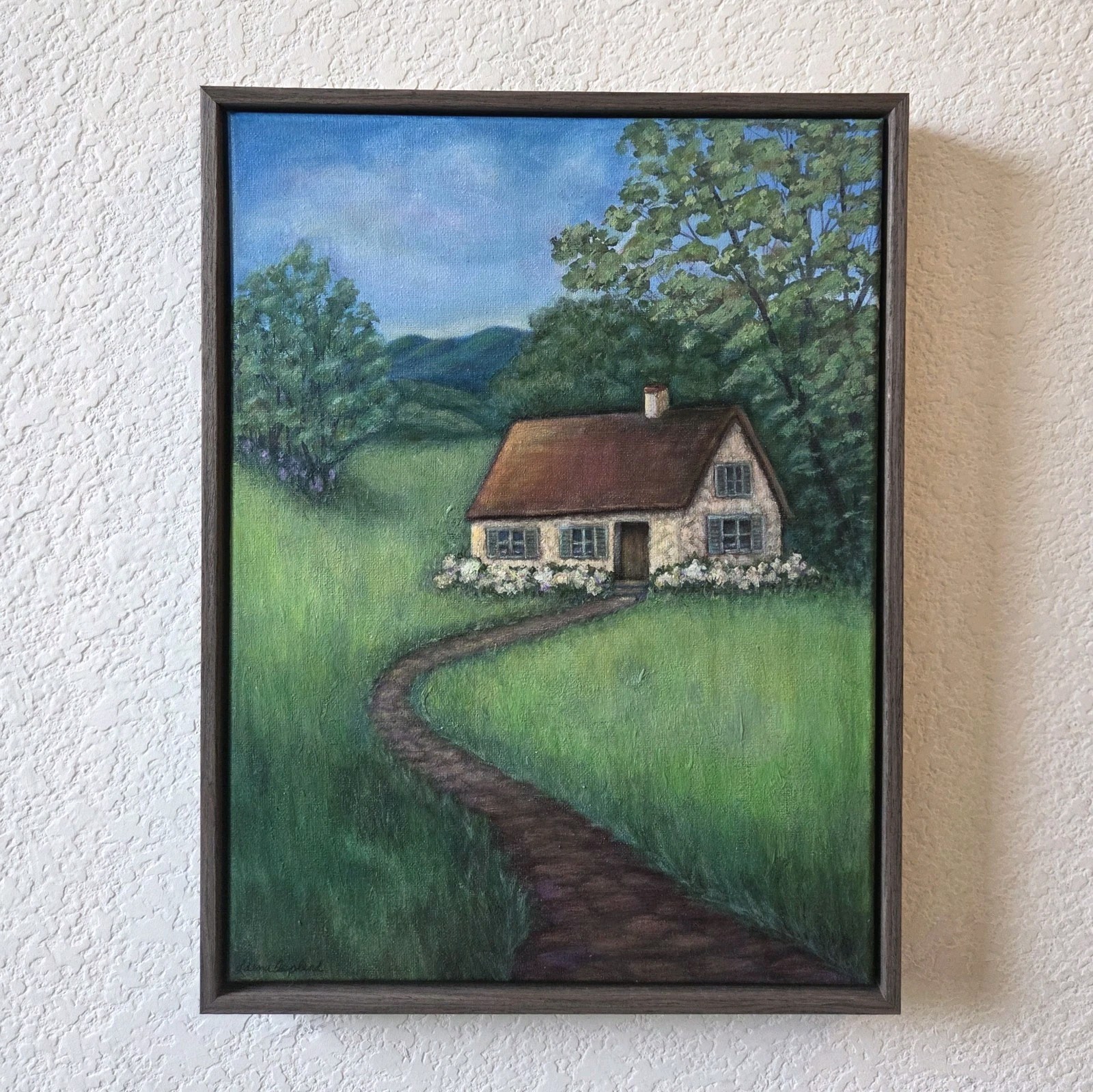 Cottage in a Green Meadow Original Framed Painting Country Landscape 12″ X 16″