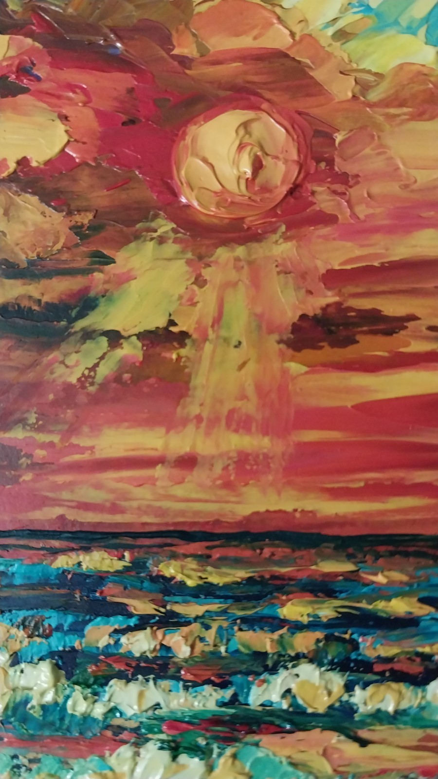 Framed Small Seascape Bright Sunset Sky Art 4×6” Impasto Original Oil Painting