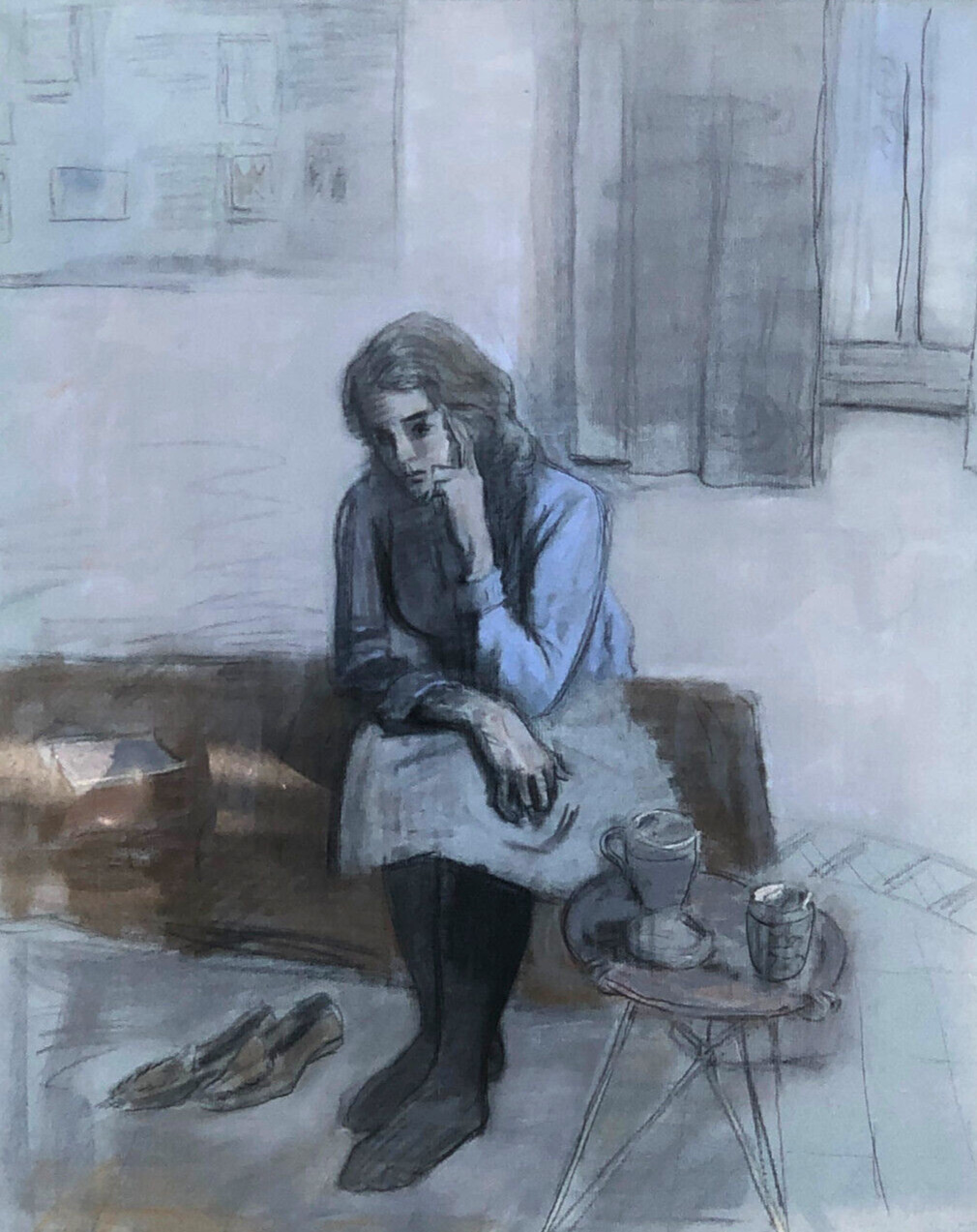 «Seated Young Woman» Pastel & Chalk 24 1/2 x 19″ Painting-C. 1960s-Lambro Ahlas