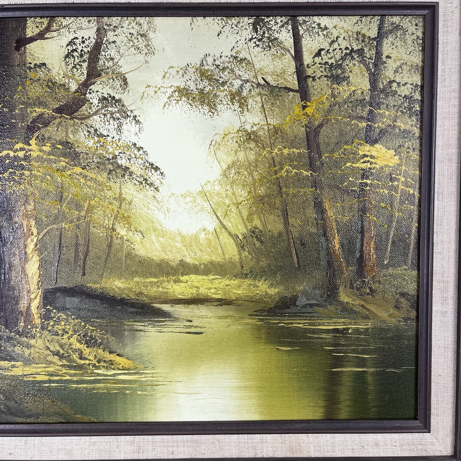 Phillip Cantrell SIGNED Landscape Trees Stream OIL Painting Framed 18×22 Vintage