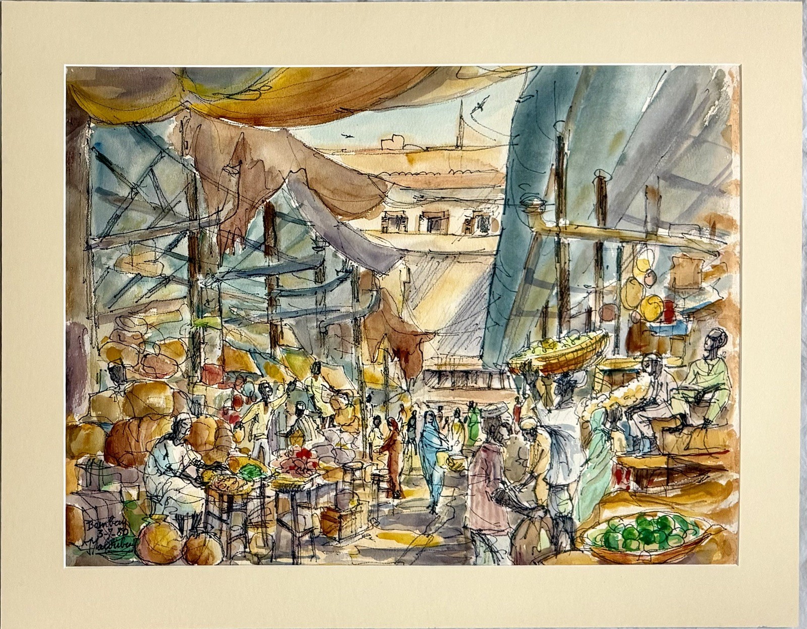 Large 1980 Signed Original Watercolor Bombay Market Painting – Mumbai, India
