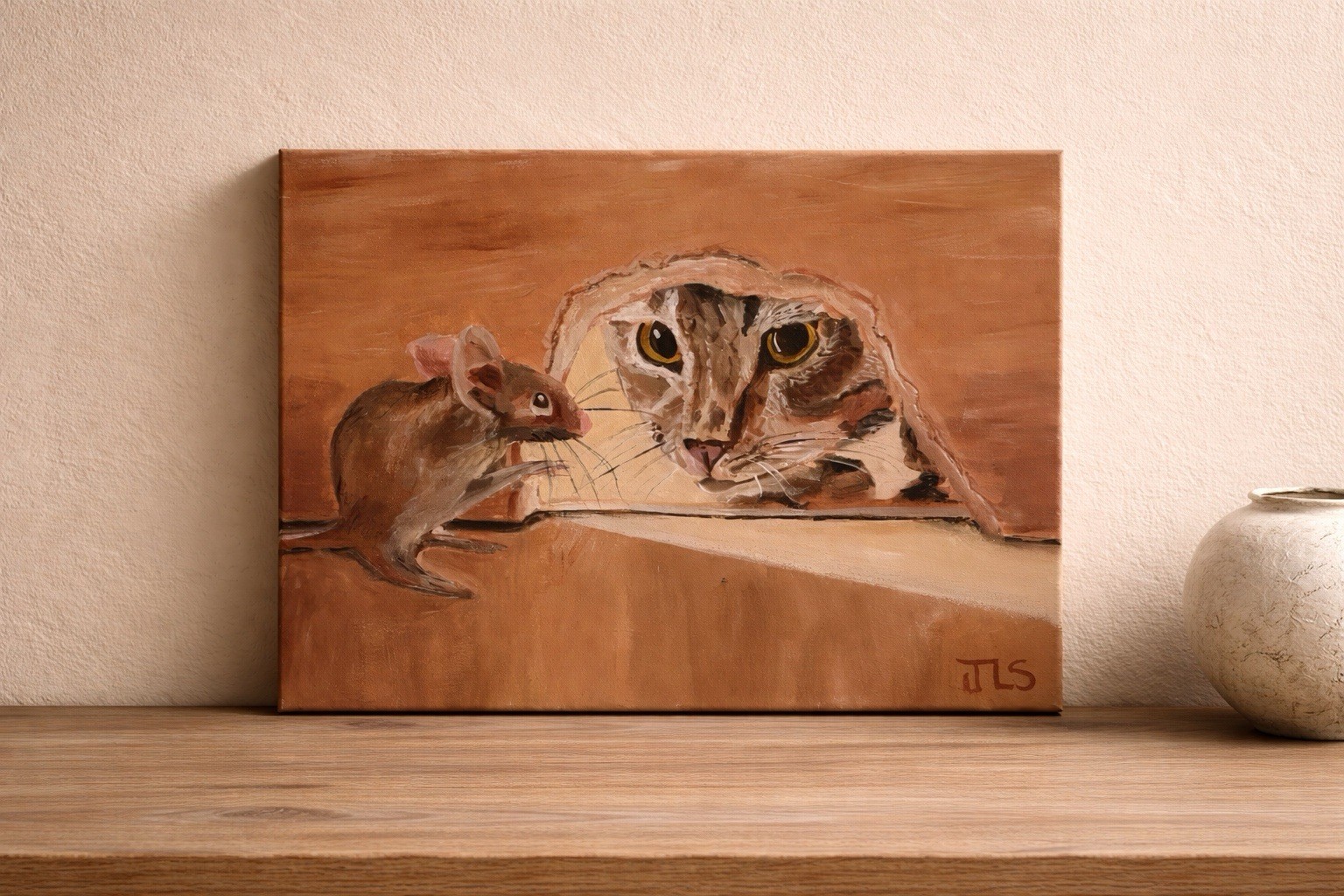 Cat & Mouse Painting 11×14 Animal Art Curious Cat Whimsical Scene