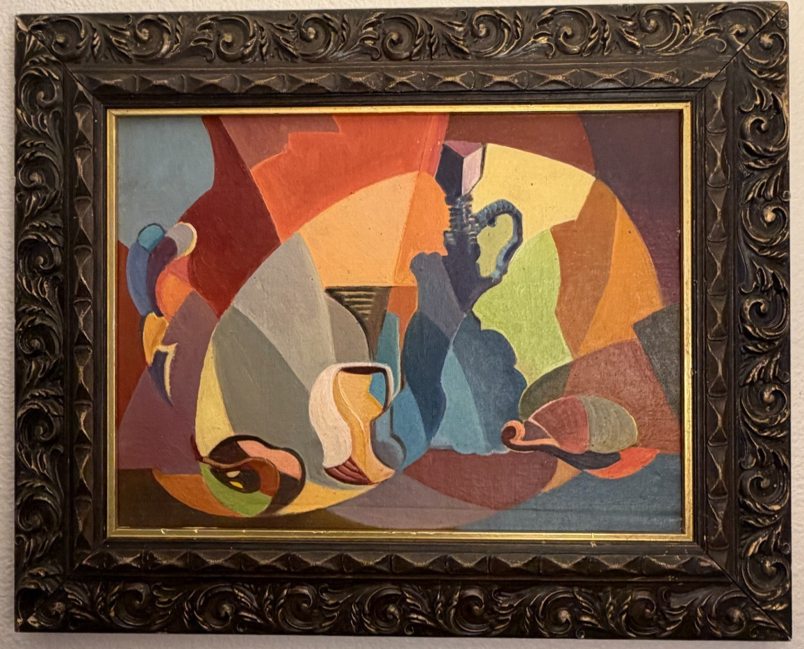 Vintage Original Mid Century Cubist Still Life Oil Painting Modernist Abstract