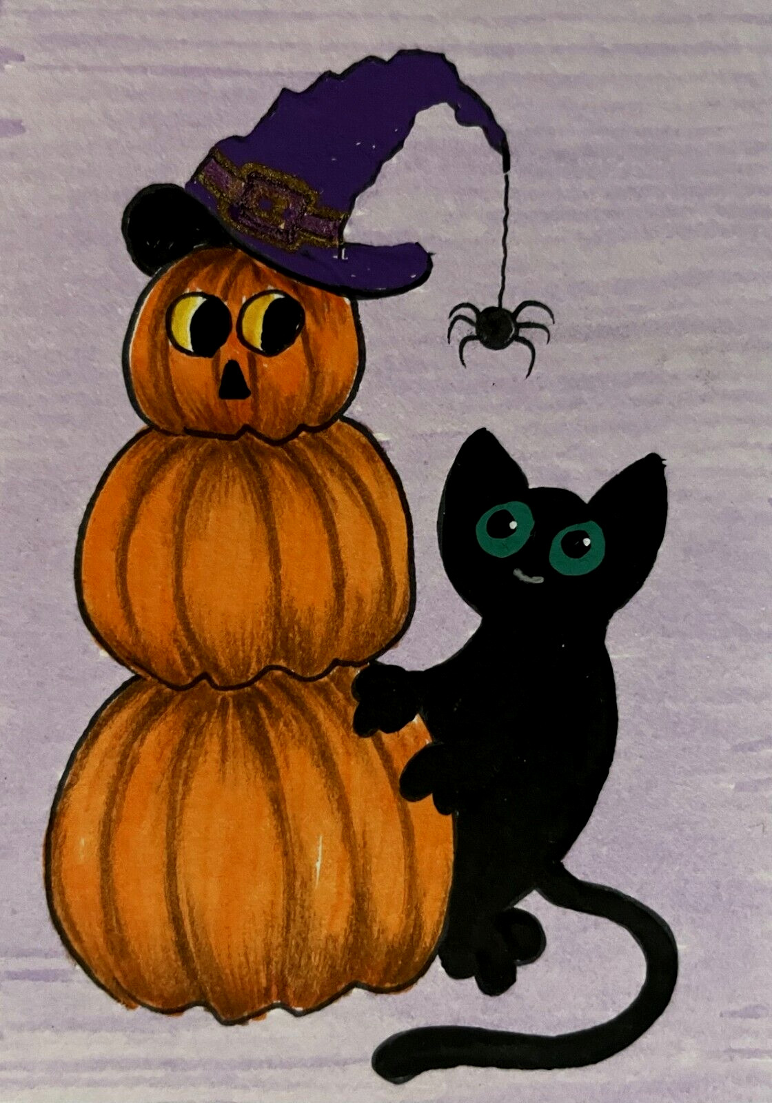 ACEO *Print* of Original Art Black Kitty Cat Kitten & Halloween Pumpkin -Saulite