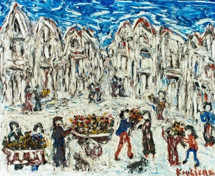 Michel Kouliche Flower Seller Painting Expressionist Thick Impasto 24” by 30”