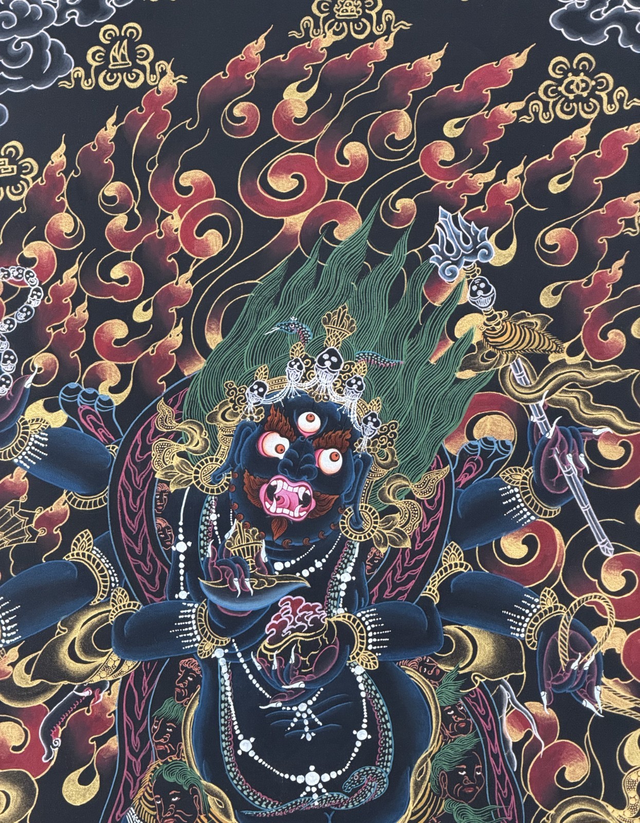 SIX ARMED MAHAKALA PROTECTOR ORIGINAL TIBETAN THANGKA PAINTING- OIL VARNISHED