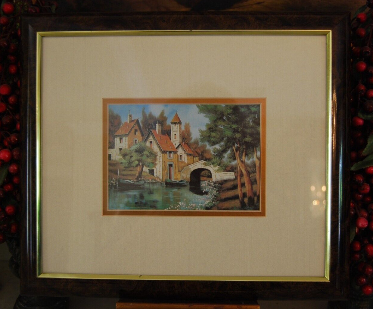VINTAGE FRAMED GUIDO BORELLI RIVER, BRIDGE COTTAGE ITALIAN LANDSCAPE COLOR PRINT