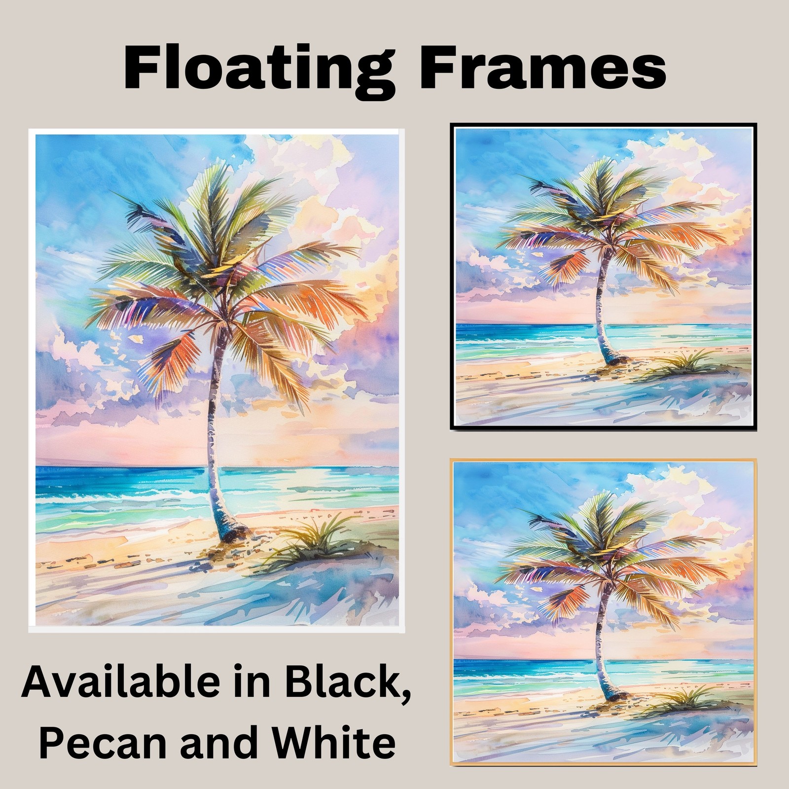 Tropical Beach Sunset with Colorful Palm Tree Watercolor Painting Ocean Canvas