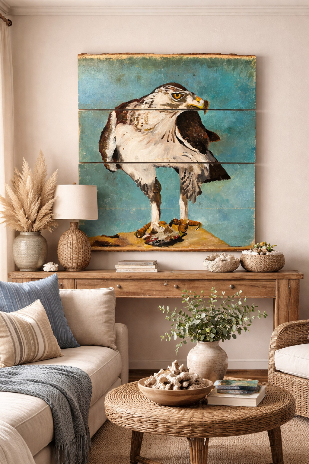 Original Acrylic Painting Signed Hawk/Eagle Live Edge Wood 21-1/2″ H x 15-1/2″ W